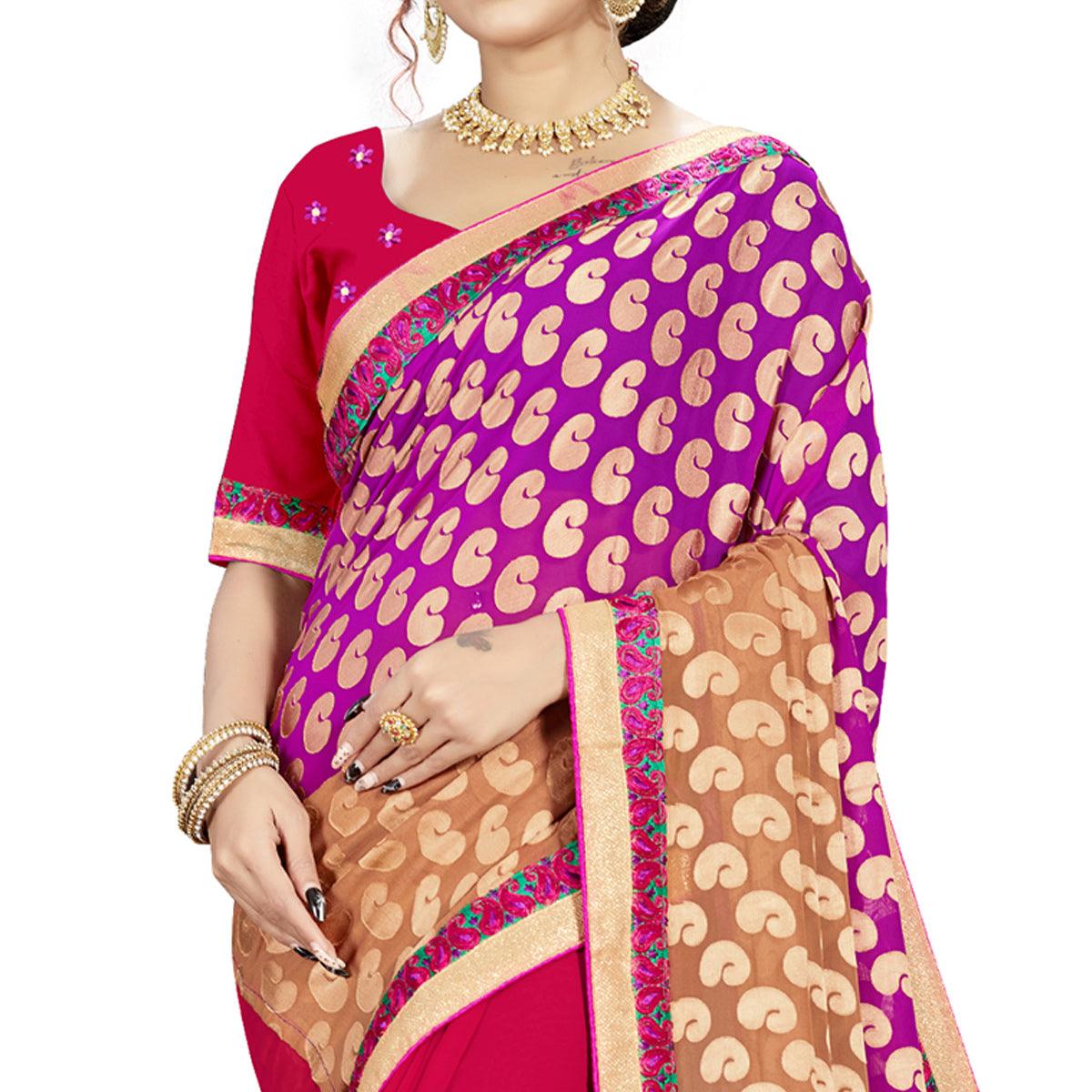 Staring Maroon-Brown Colored party Wear Embroidered Georgette Half-Half Saree - Peachmode