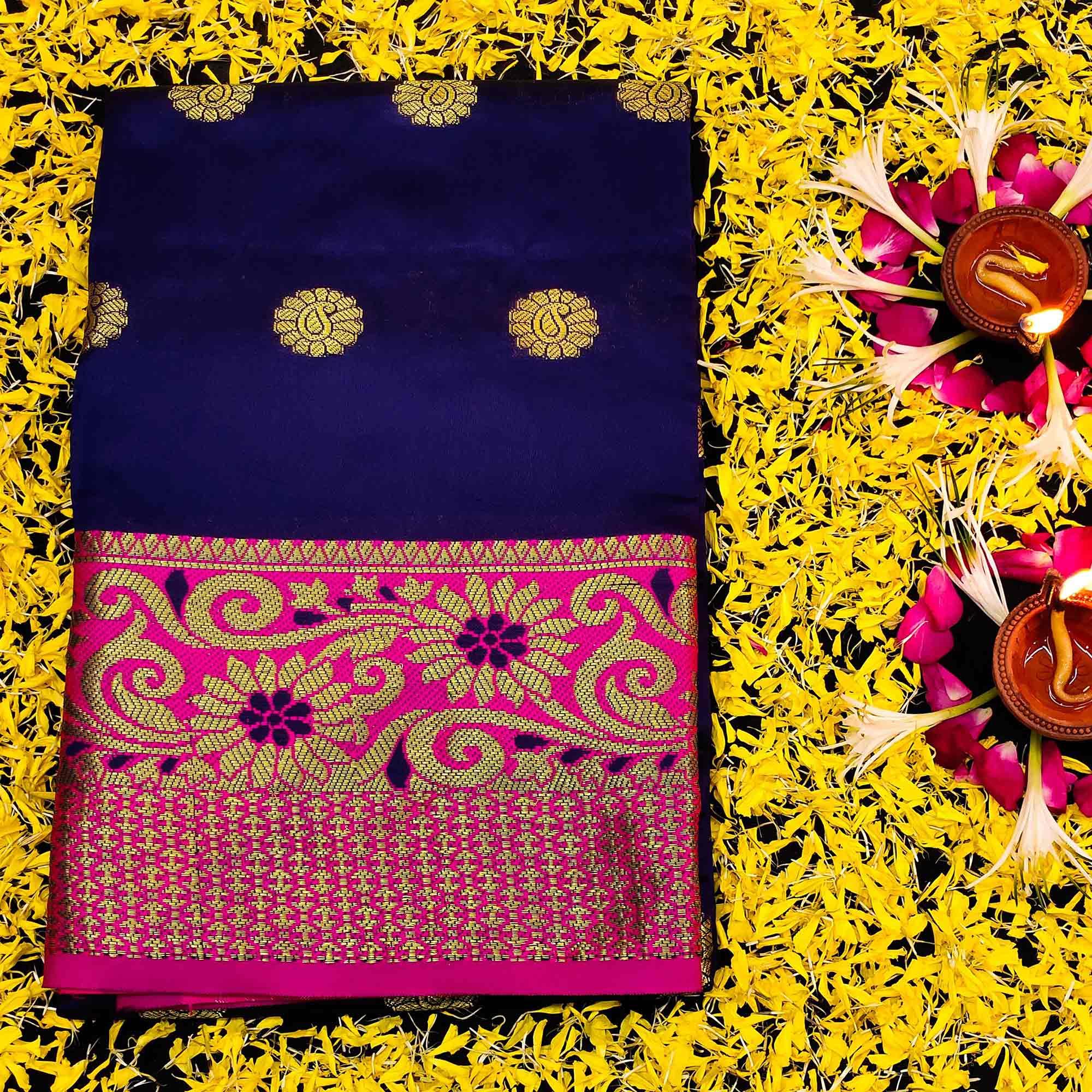 Staring Navy Blue Colored Festive Wear Woven Kanjivaram Silk Saree - Peachmode