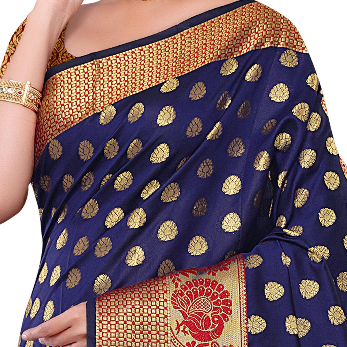 Staring Navy Blue Colored Festive Wear Woven Kota Art Silk Banarasi Saree - Peachmode