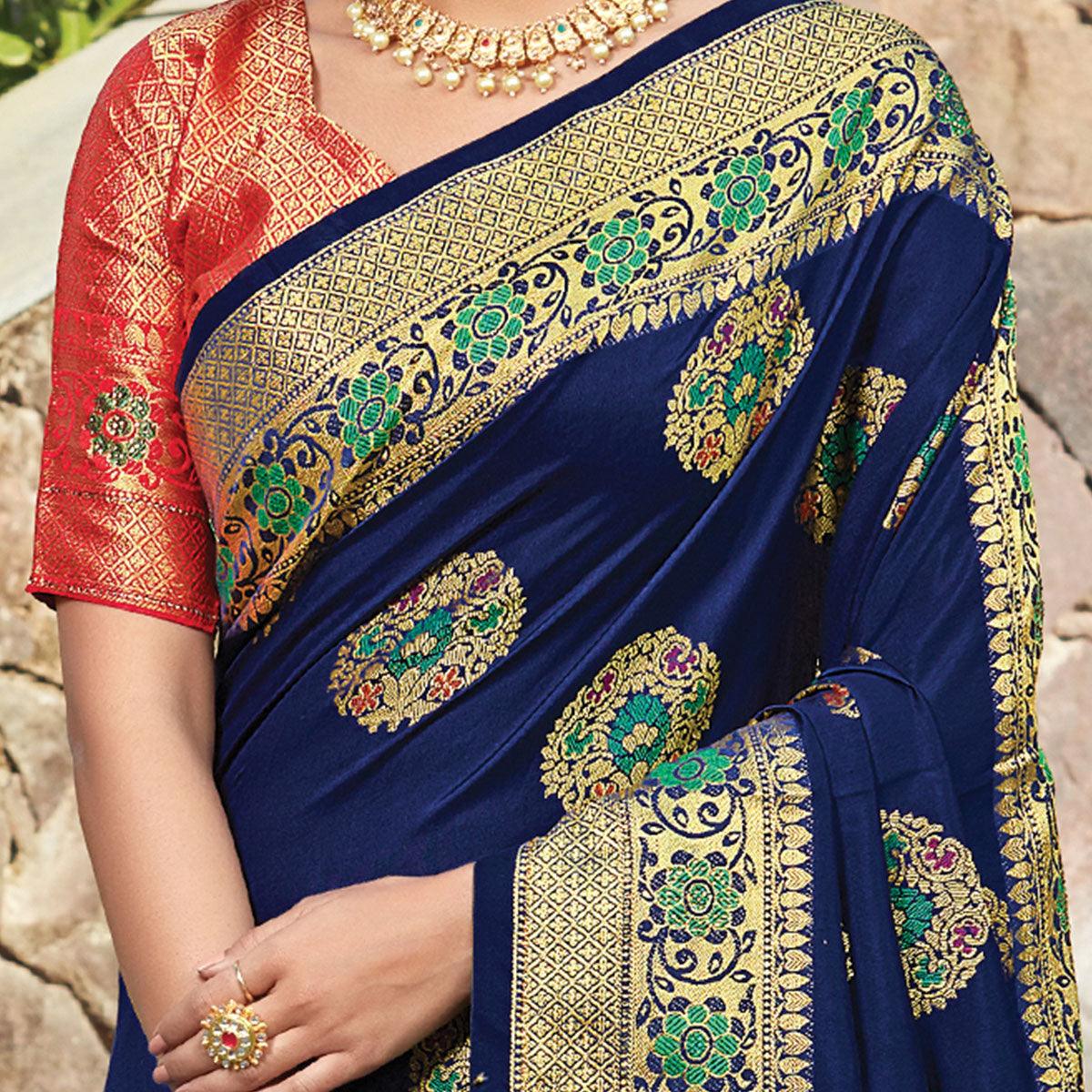 Staring Navy Blue Colored Festive Wear Woven Silk Saree - Peachmode