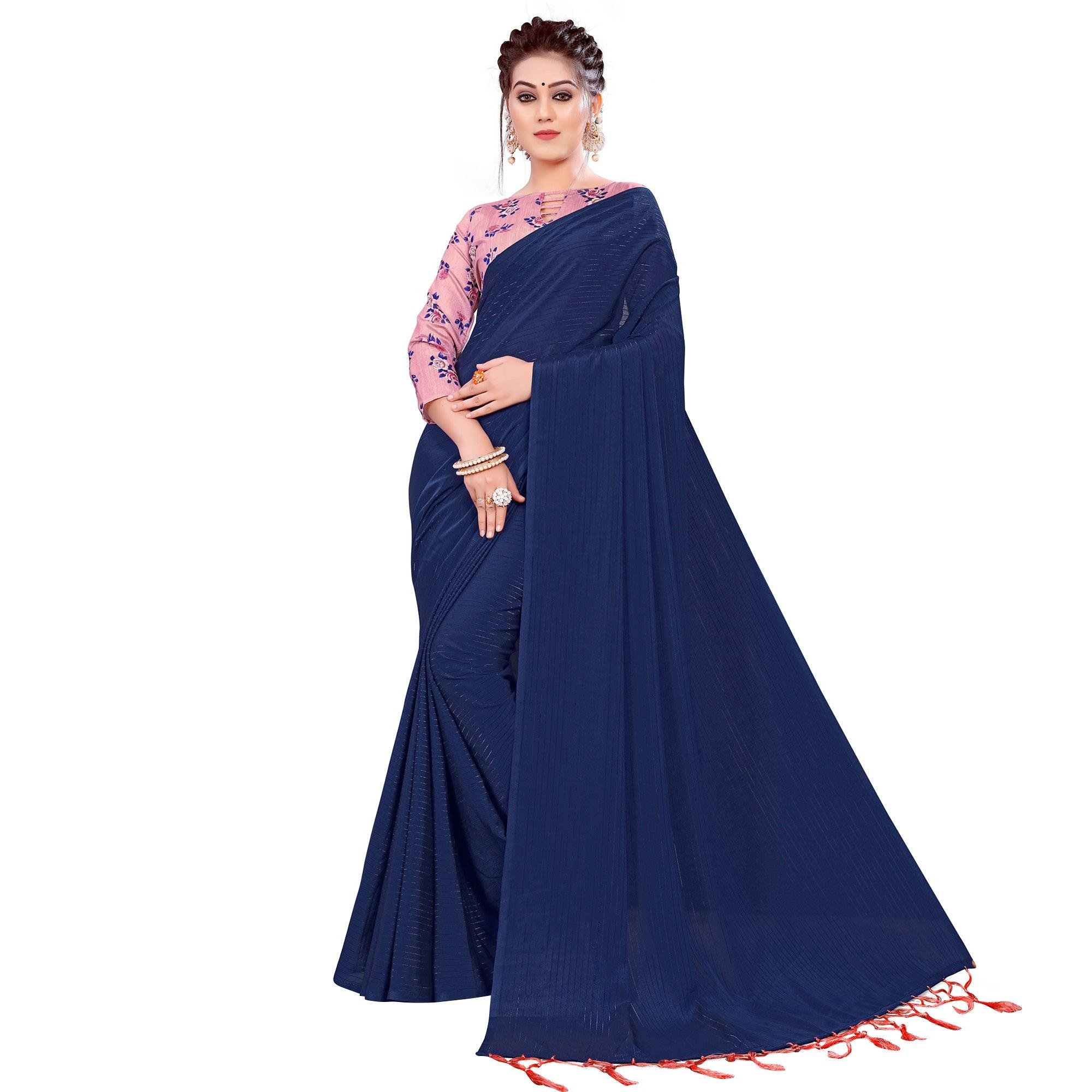 Staring Navy Blue Colored Party Wear Printed Georgette Saree With Tassels - Peachmode