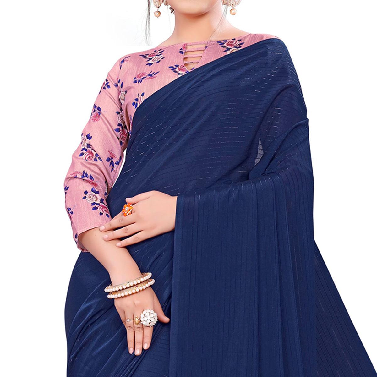 Staring Navy Blue Colored Party Wear Printed Georgette Saree With Tassels - Peachmode