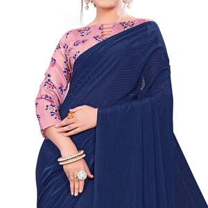 Staring Navy Blue Colored Party Wear Printed Georgette Saree With Tassels - Peachmode