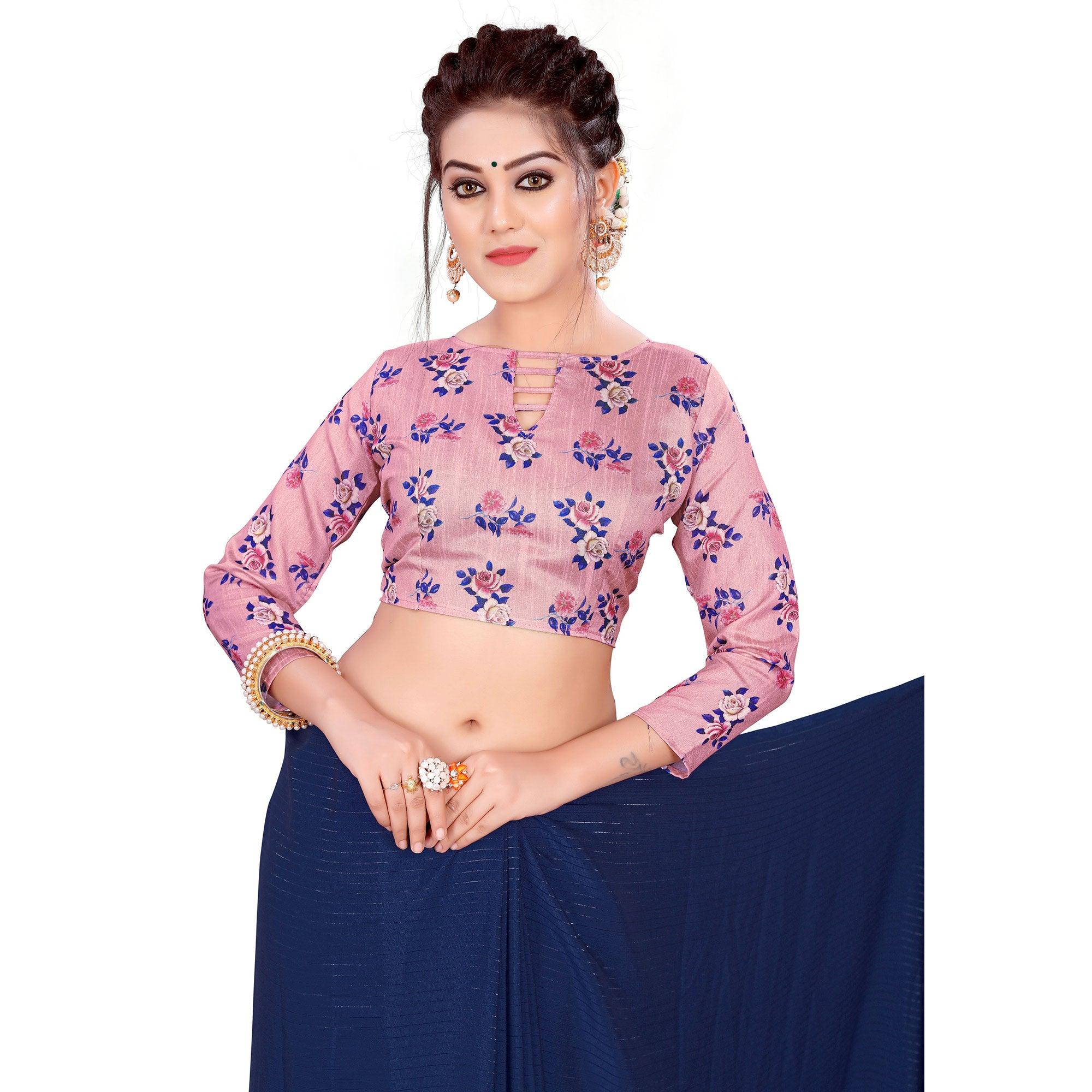 Staring Navy Blue Colored Party Wear Printed Georgette Saree With Tassels - Peachmode