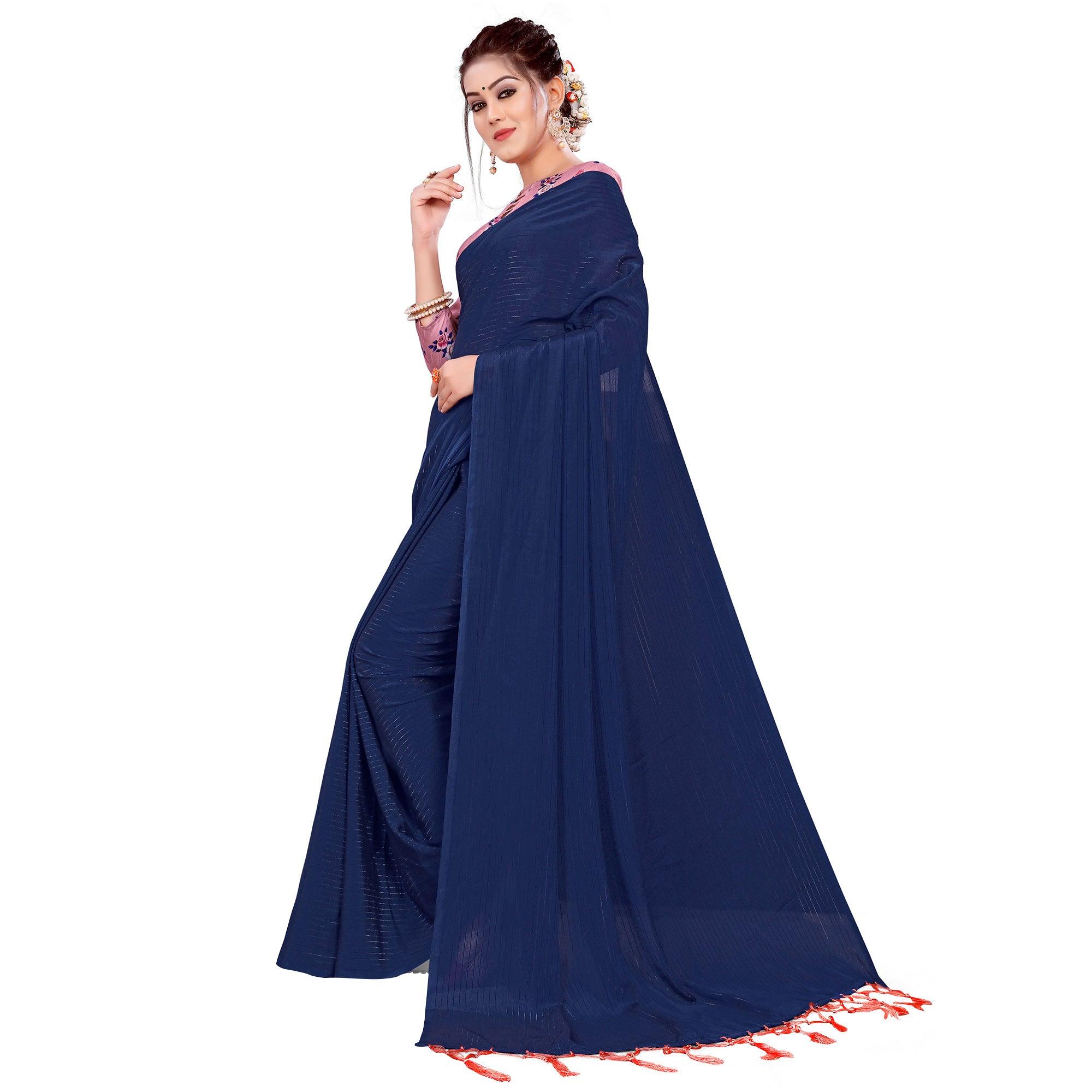 Staring Navy Blue Colored Party Wear Printed Georgette Saree With Tassels - Peachmode