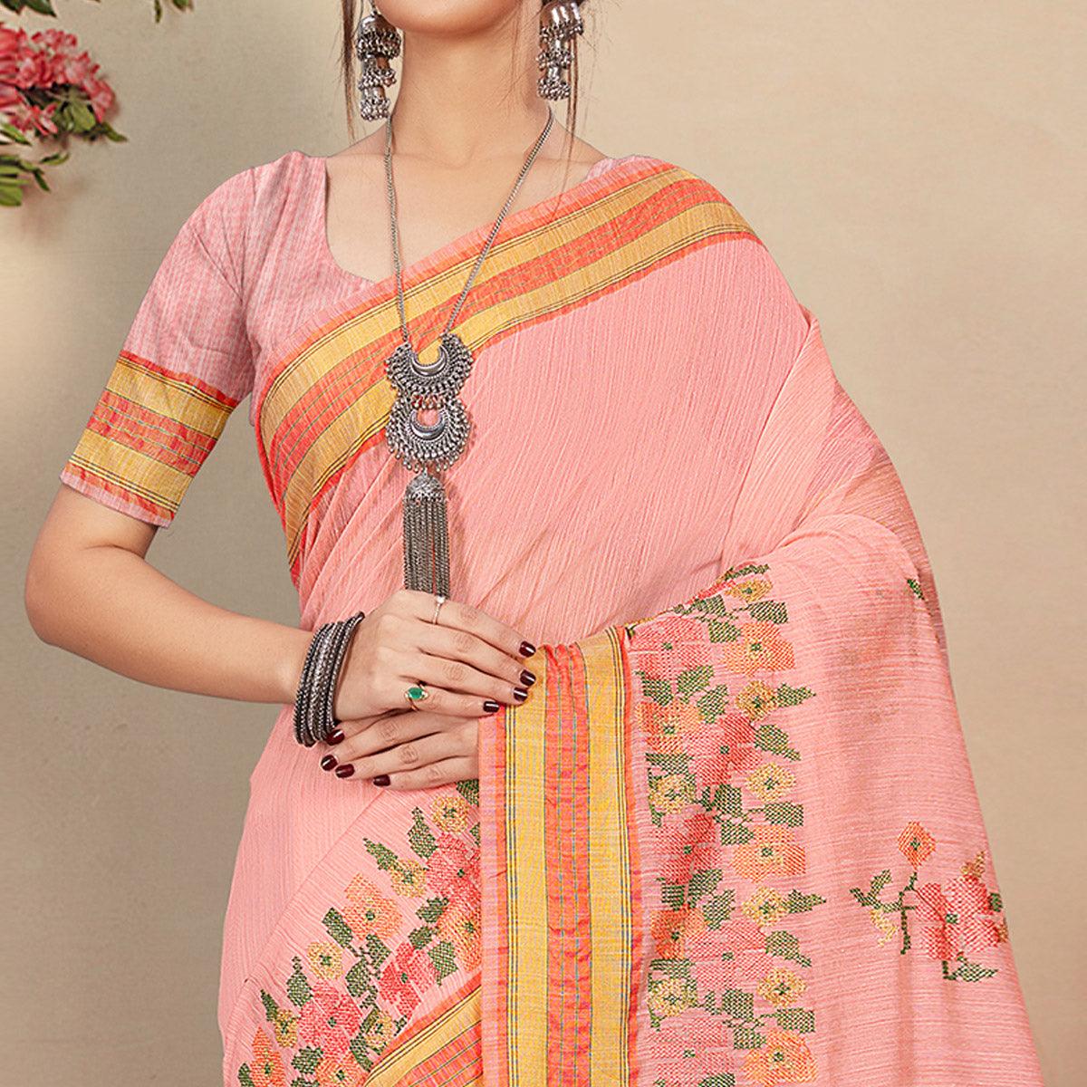 Staring Peach Colored Casual Wear Floral Printed Cotton Saree - Peachmode