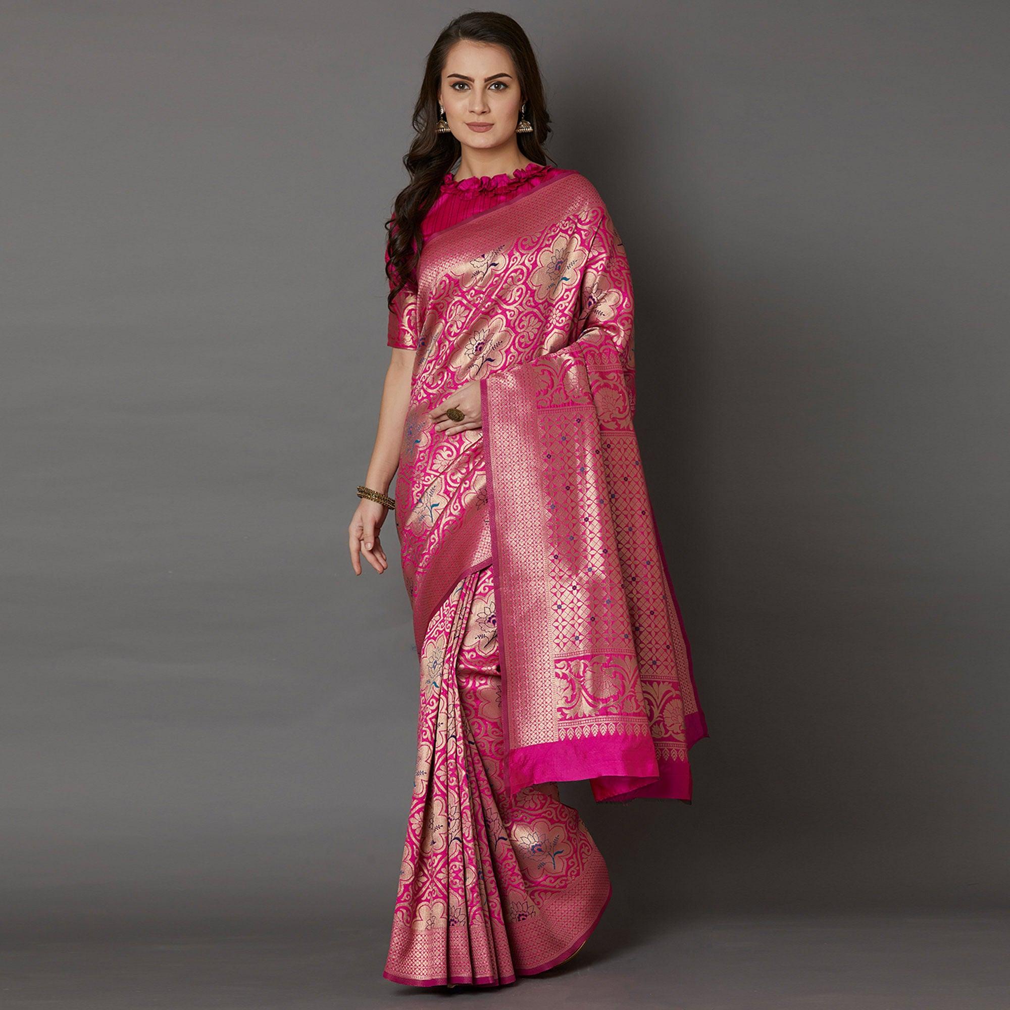Staring Pink Colored Festive Wear Woven Silk Saree - Peachmode