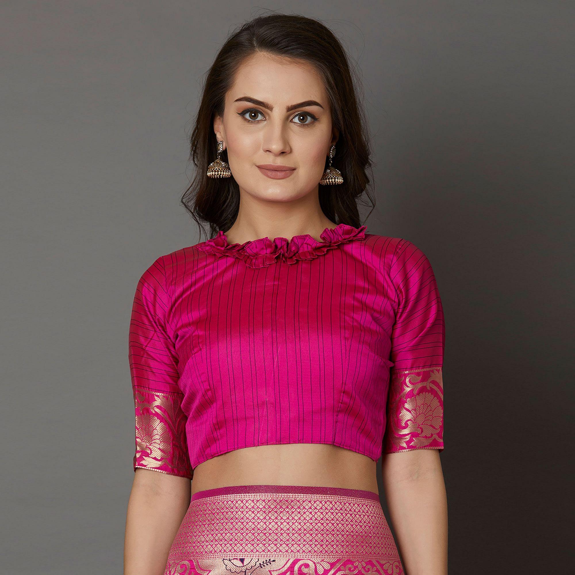Staring Pink Colored Festive Wear Woven Silk Saree - Peachmode