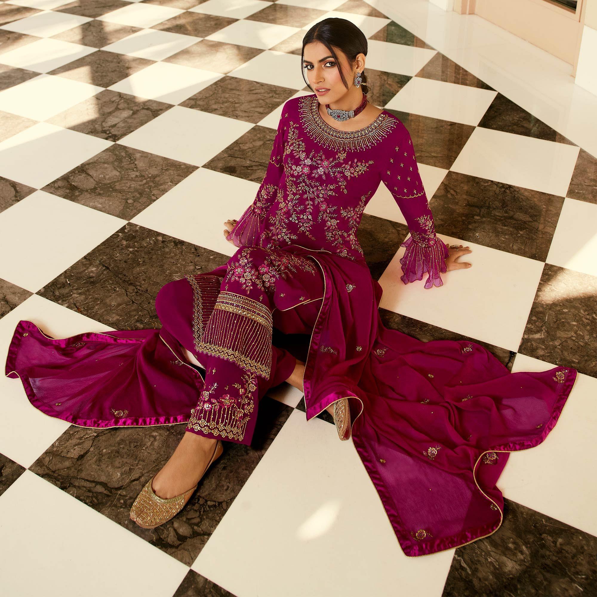 Staring Pink Coloured Partywear Embroidered Pure Georgette Palazzo Suit - Peachmode