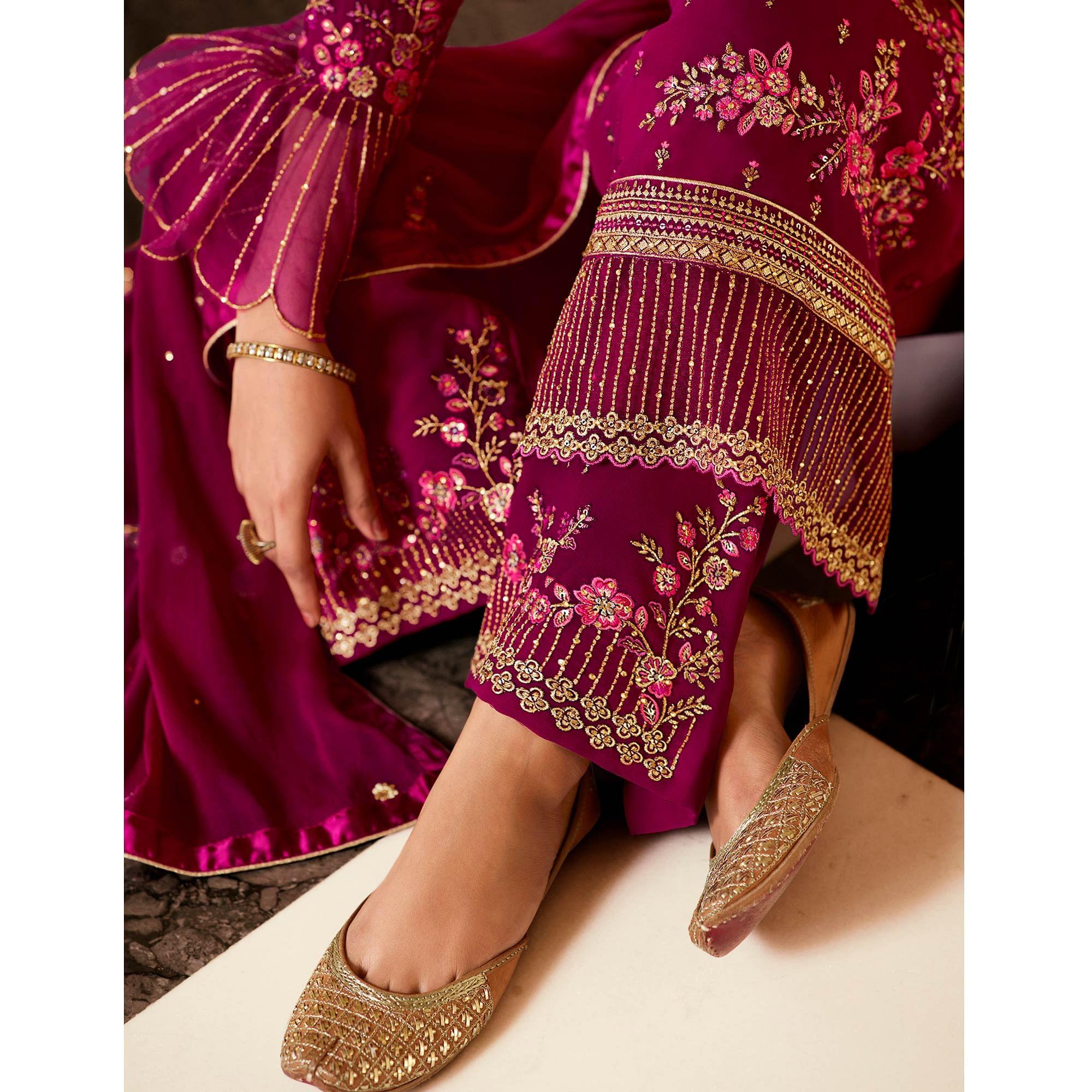 Staring Pink Coloured Partywear Embroidered Pure Georgette Palazzo Suit - Peachmode