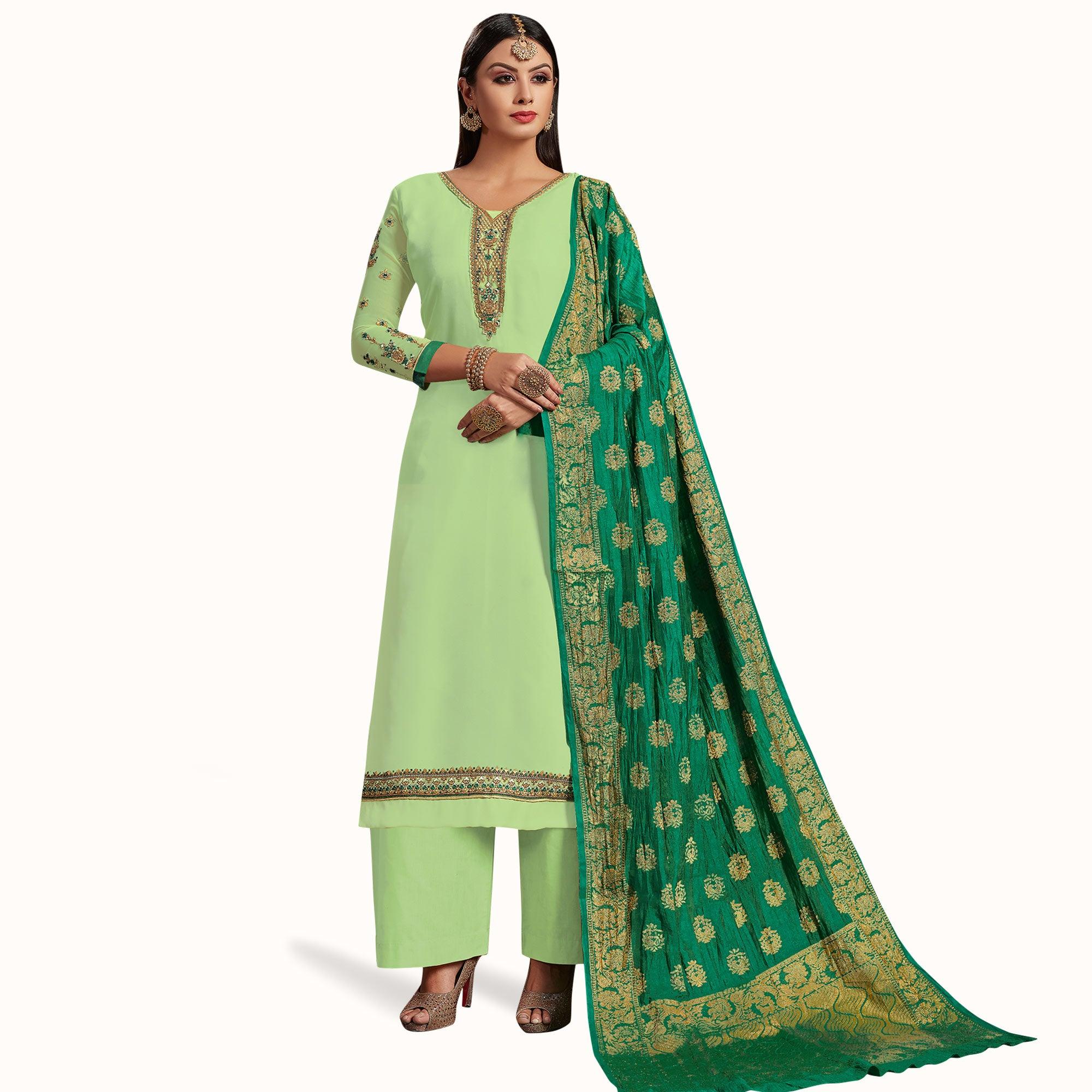 Staring Pista Colored Partywear Embroidered Satin-Georgette Palazzo Suit With Banarasi Silk Dupatta - Peachmode