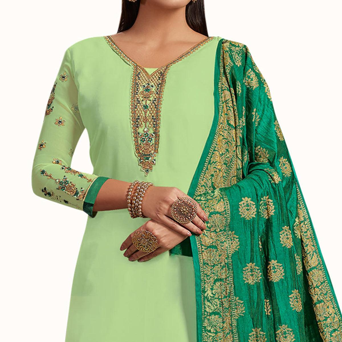 Staring Pista Colored Partywear Embroidered Satin-Georgette Palazzo Suit With Banarasi Silk Dupatta - Peachmode