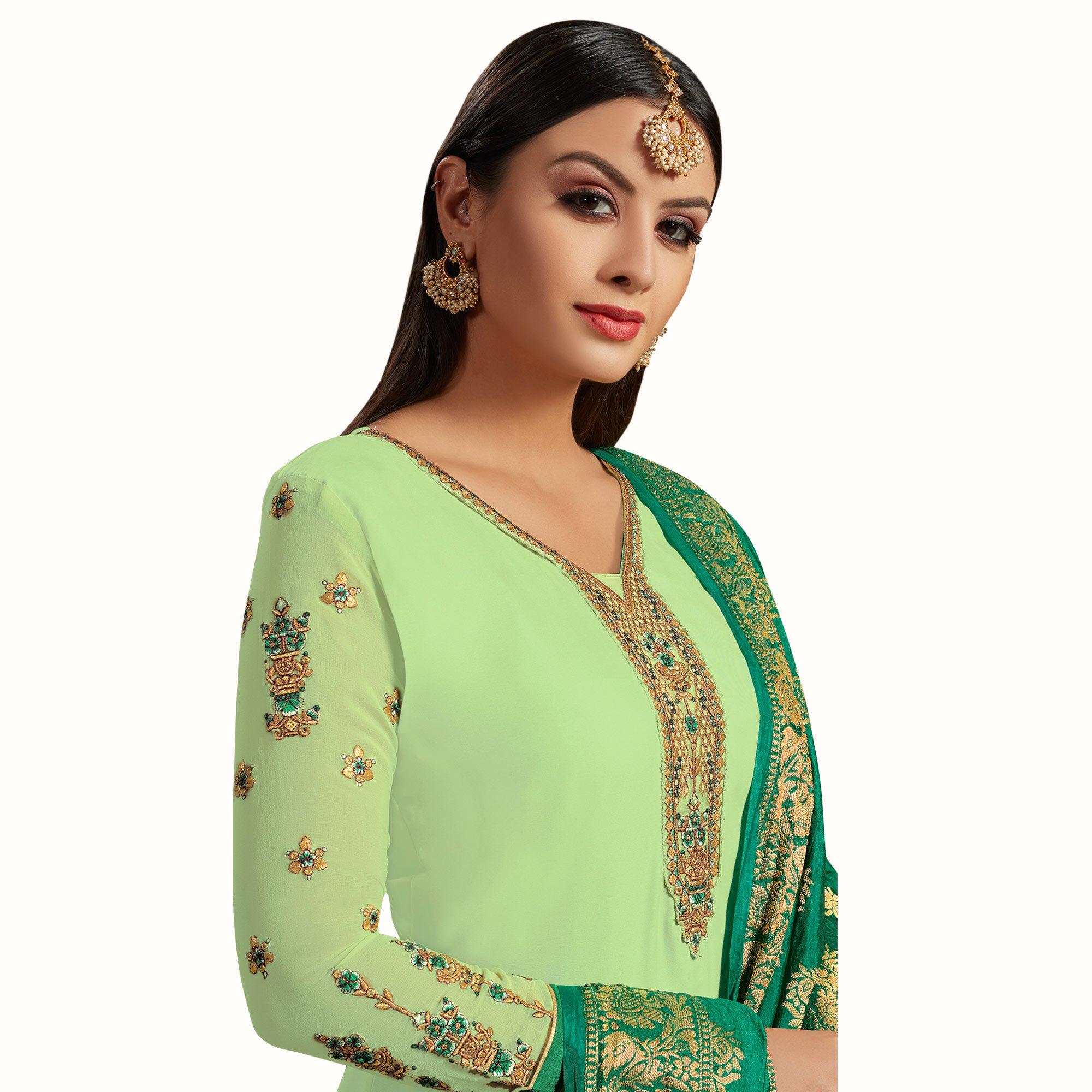 Staring Pista Colored Partywear Embroidered Satin-Georgette Palazzo Suit With Banarasi Silk Dupatta - Peachmode