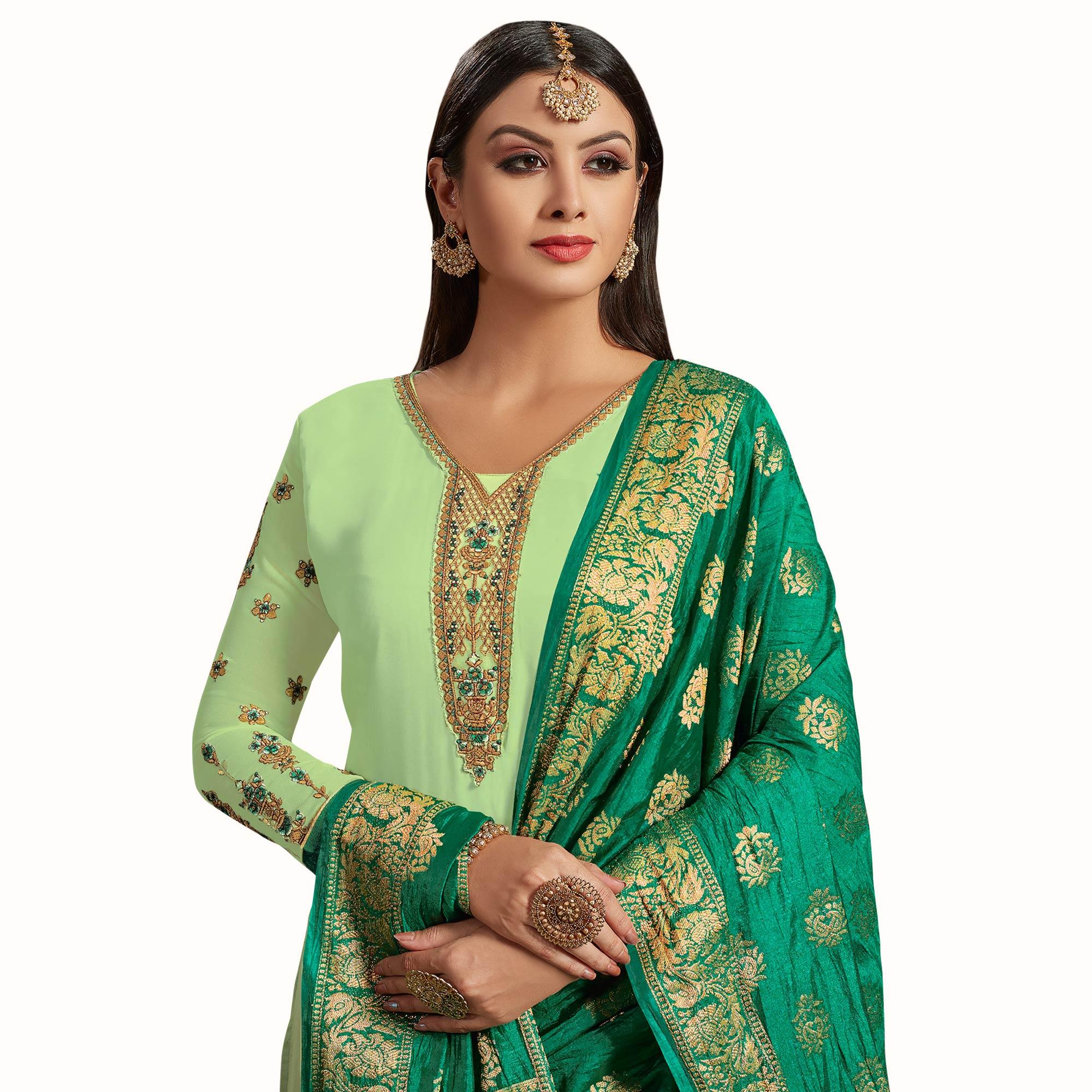 Staring Pista Colored Partywear Embroidered Satin-Georgette Palazzo Suit With Banarasi Silk Dupatta - Peachmode