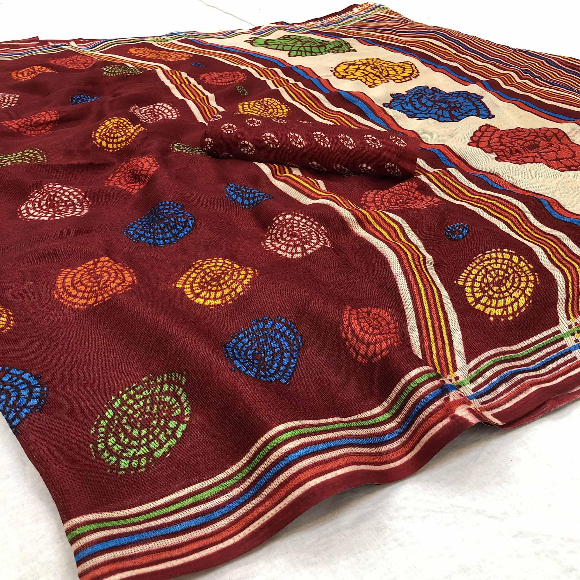 Staring Red Colored Casual Wear Printed Jute Silk Saree - Peachmode