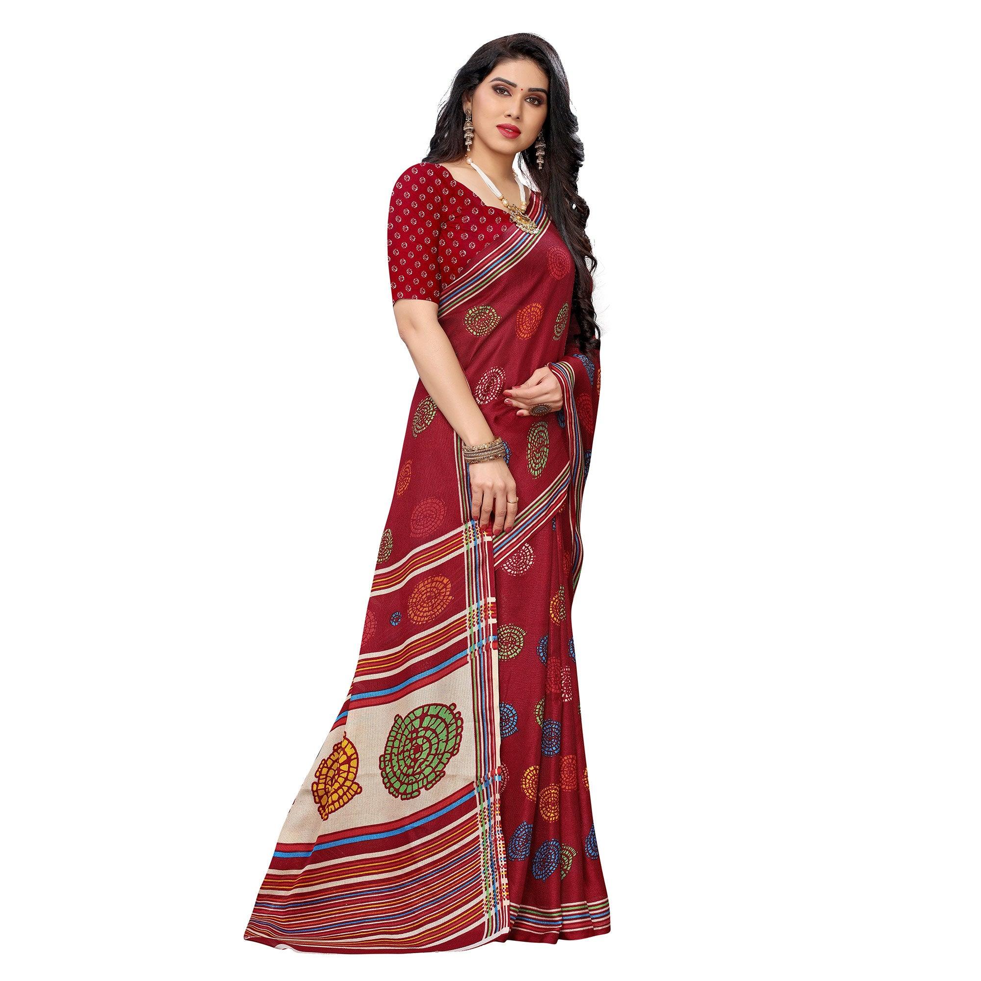 Staring Red Colored Casual Wear Printed Jute Silk Saree - Peachmode