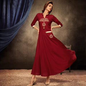 Staring Red Colored Partywear Embroidered Heavy Rayon Long Kurti - Peachmode