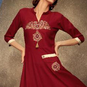 Staring Red Colored Partywear Embroidered Heavy Rayon Long Kurti - Peachmode