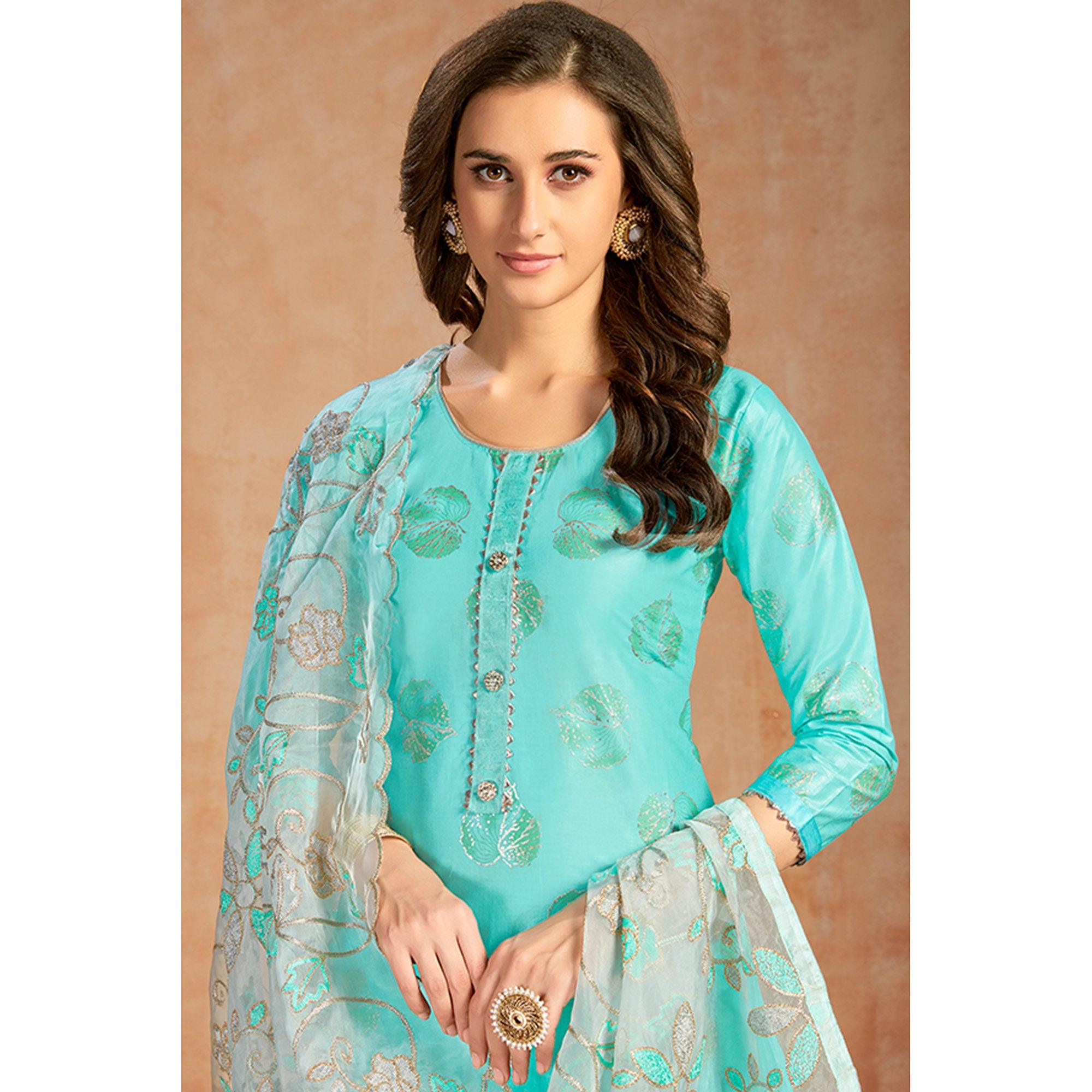 Staring Turquoise Blue Colored Partywear Embroidered Pure Cotton Dress Material - Peachmode