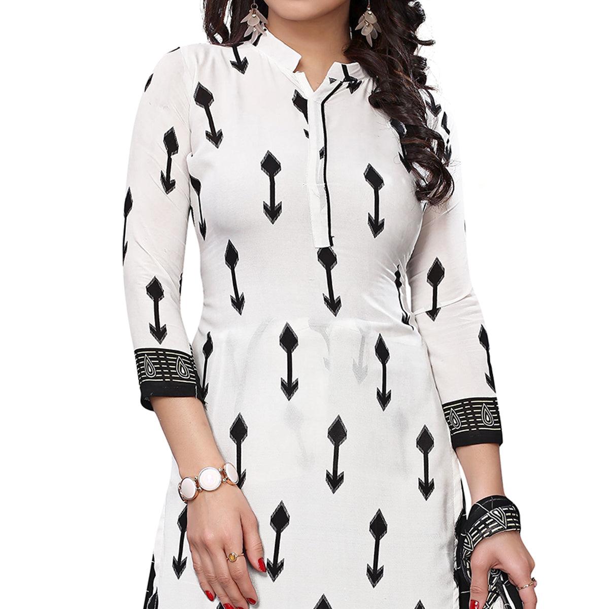 Staring White Colored Casual Wear Printed French Crepe Patiala Dress Material - Peachmode