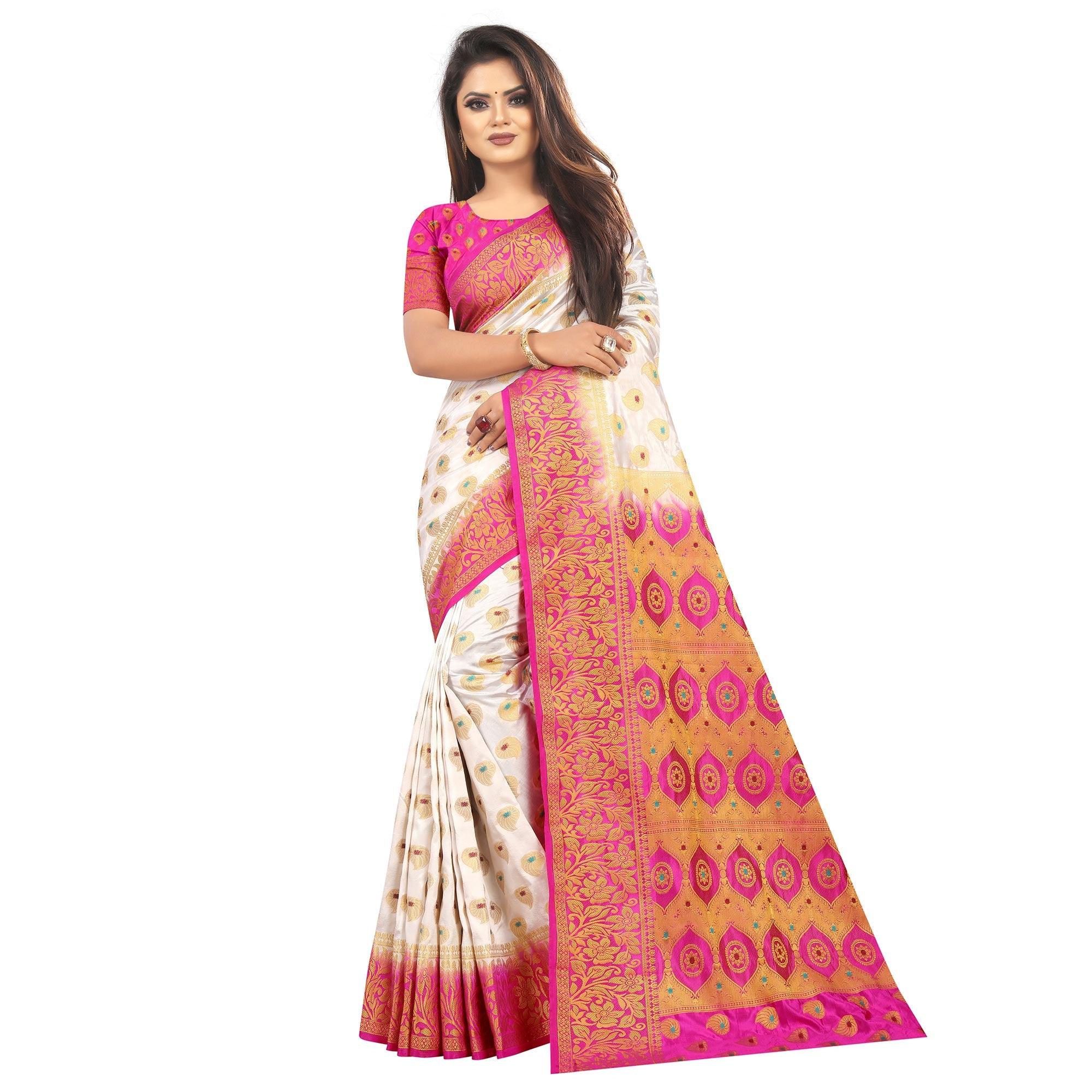 Staring White Colored Festive Wear Woven Art Silk Saree - Peachmode