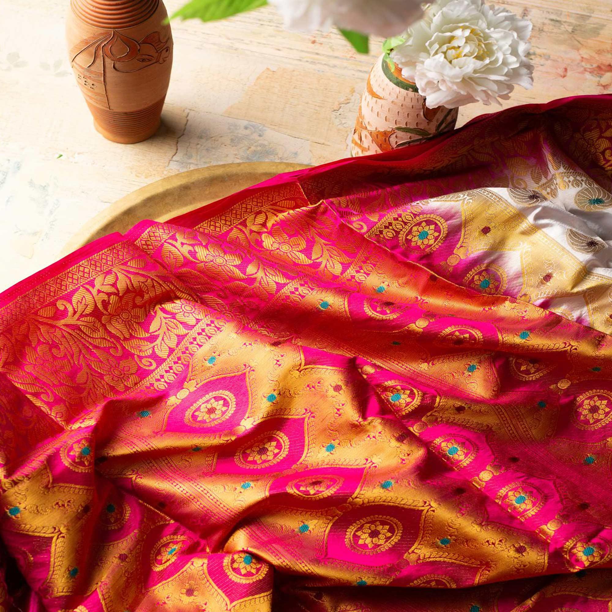 Staring White Colored Festive Wear Woven Art Silk Saree - Peachmode