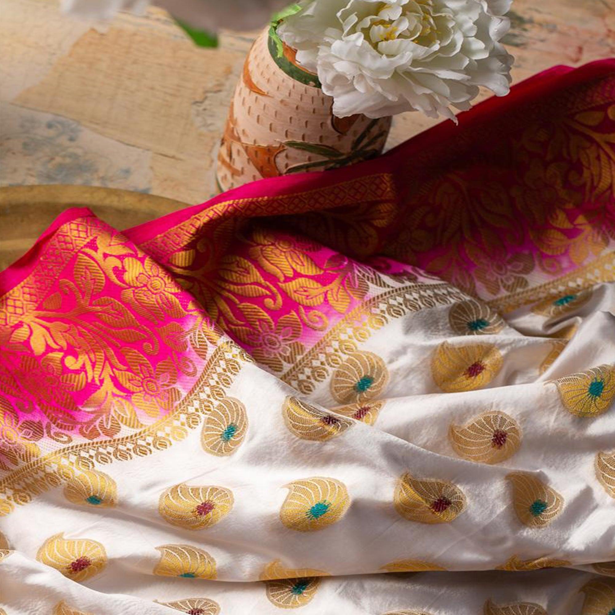Staring White Colored Festive Wear Woven Art Silk Saree - Peachmode