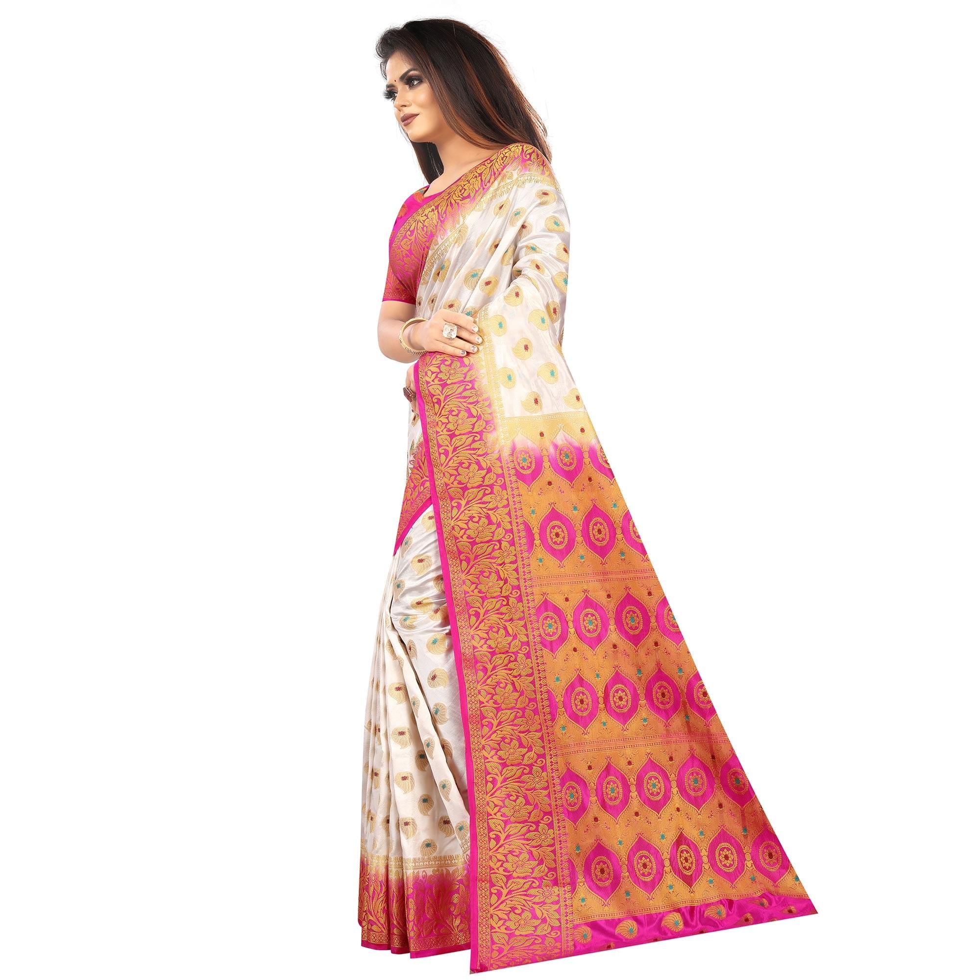 Staring White Colored Festive Wear Woven Art Silk Saree - Peachmode