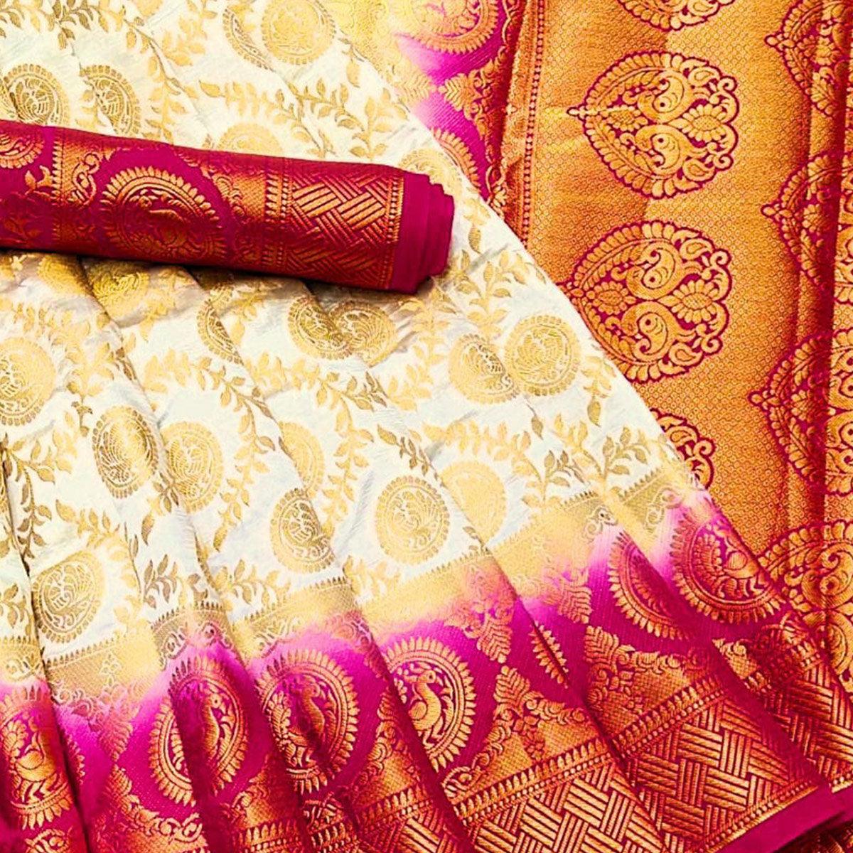 Staring White Colored Festive Wear Woven Silk Blend Saree - Peachmode