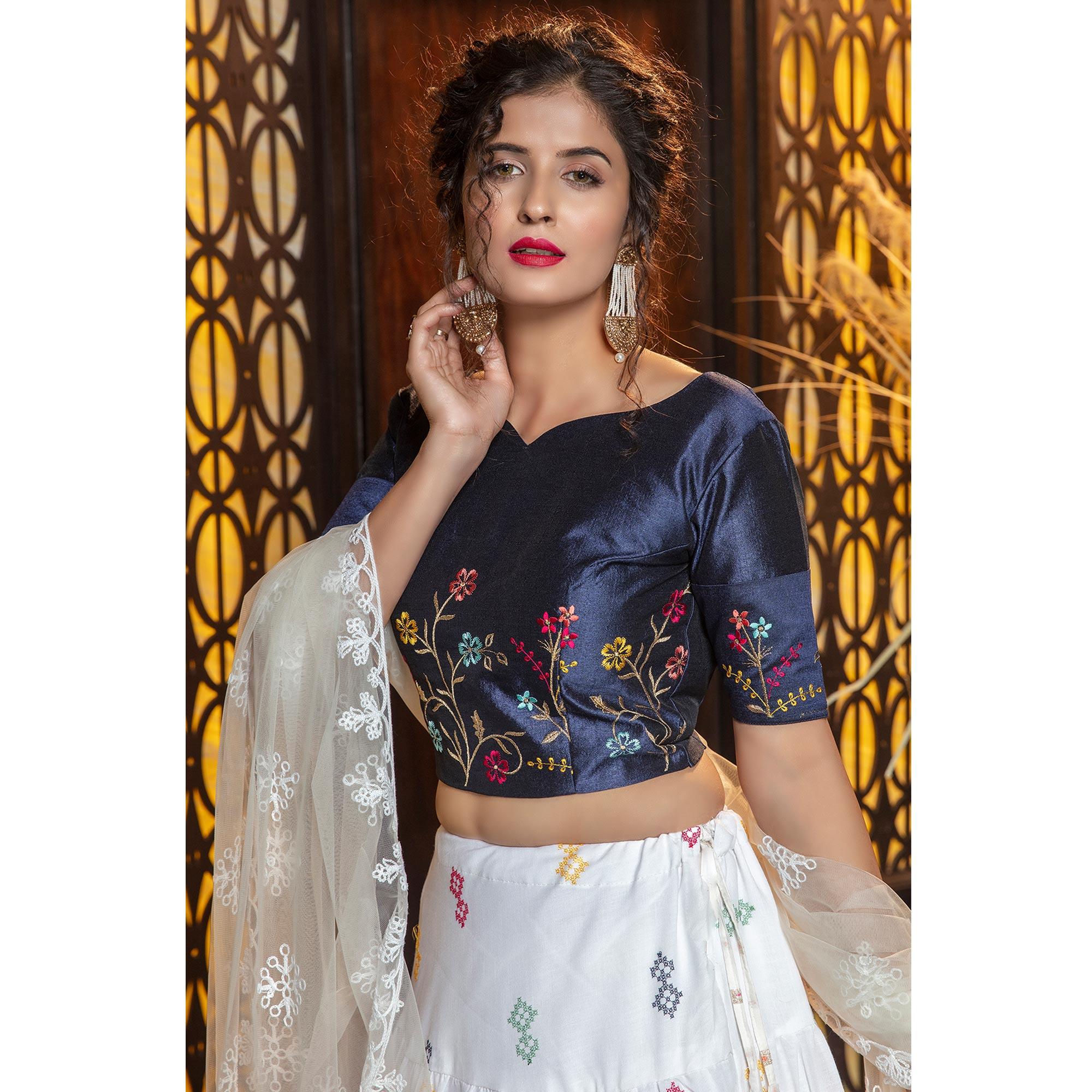 Staring White - Navy Blue Colored Partywear Embroidered Cotton Lehenga Choli - Peachmode