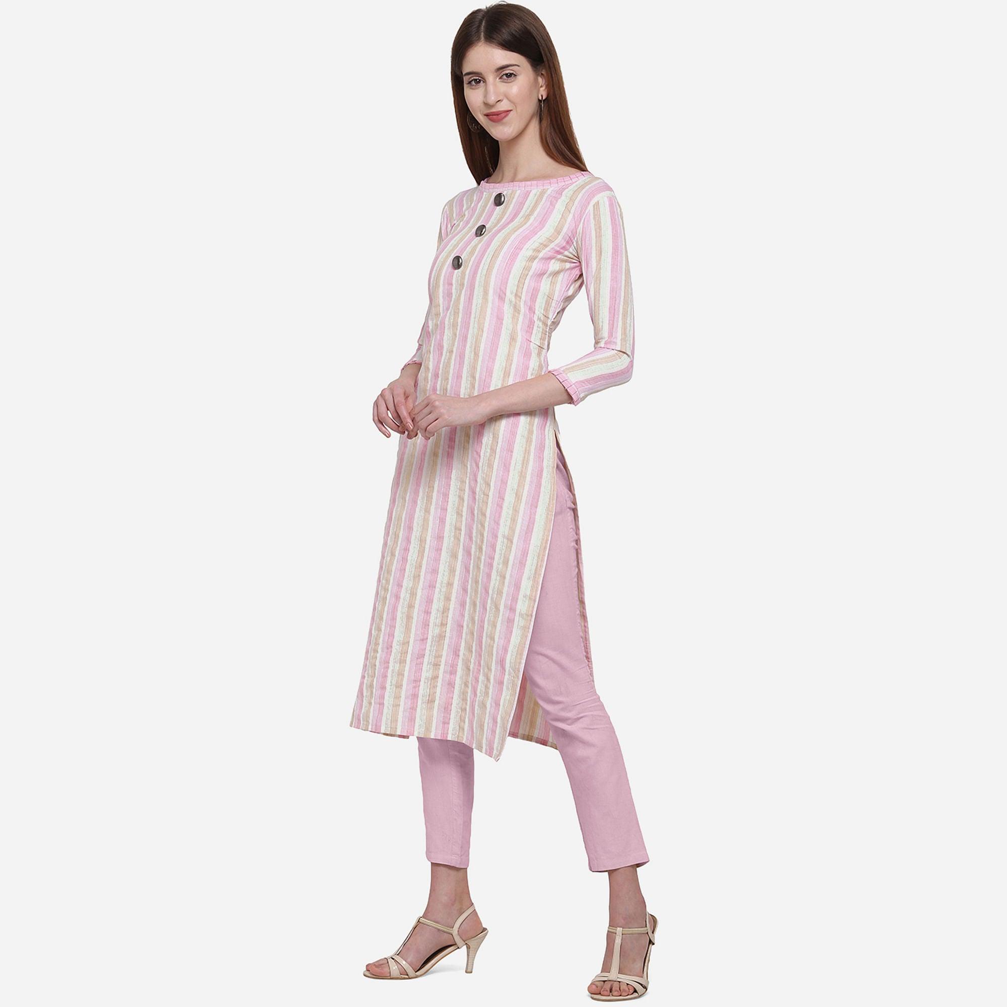 Staring White - Pink Colored Casual Wear Printed Cotton Kurti - Peachmode
