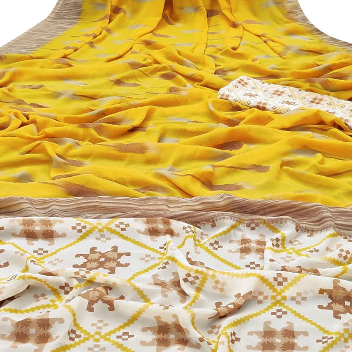 Staring Yellow Colored Casual Wear Mill Printed Georgette Saree - Peachmode