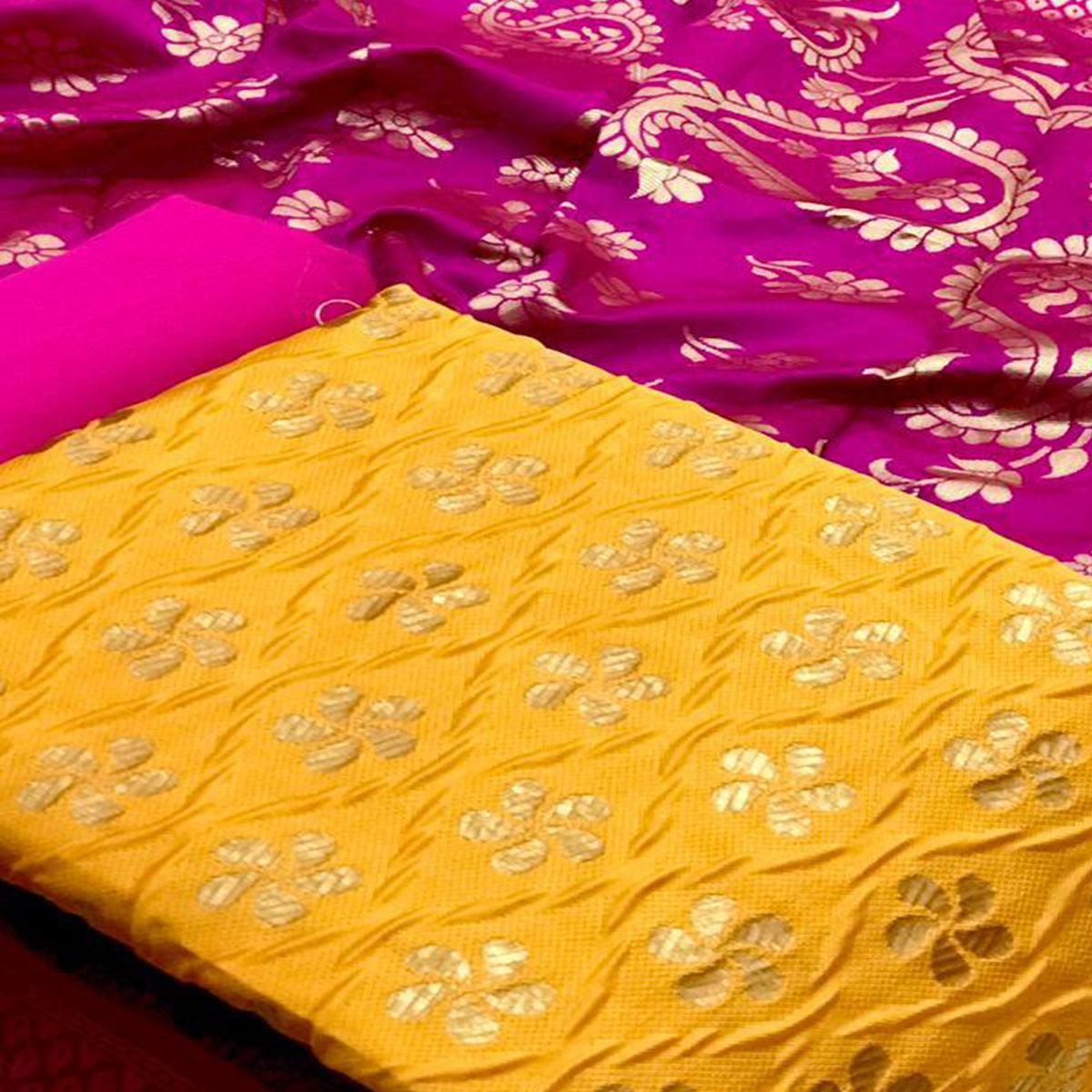 Staring Yellow Colored Casual Wear Woven Banarasi Silk Dress Material - Peachmode