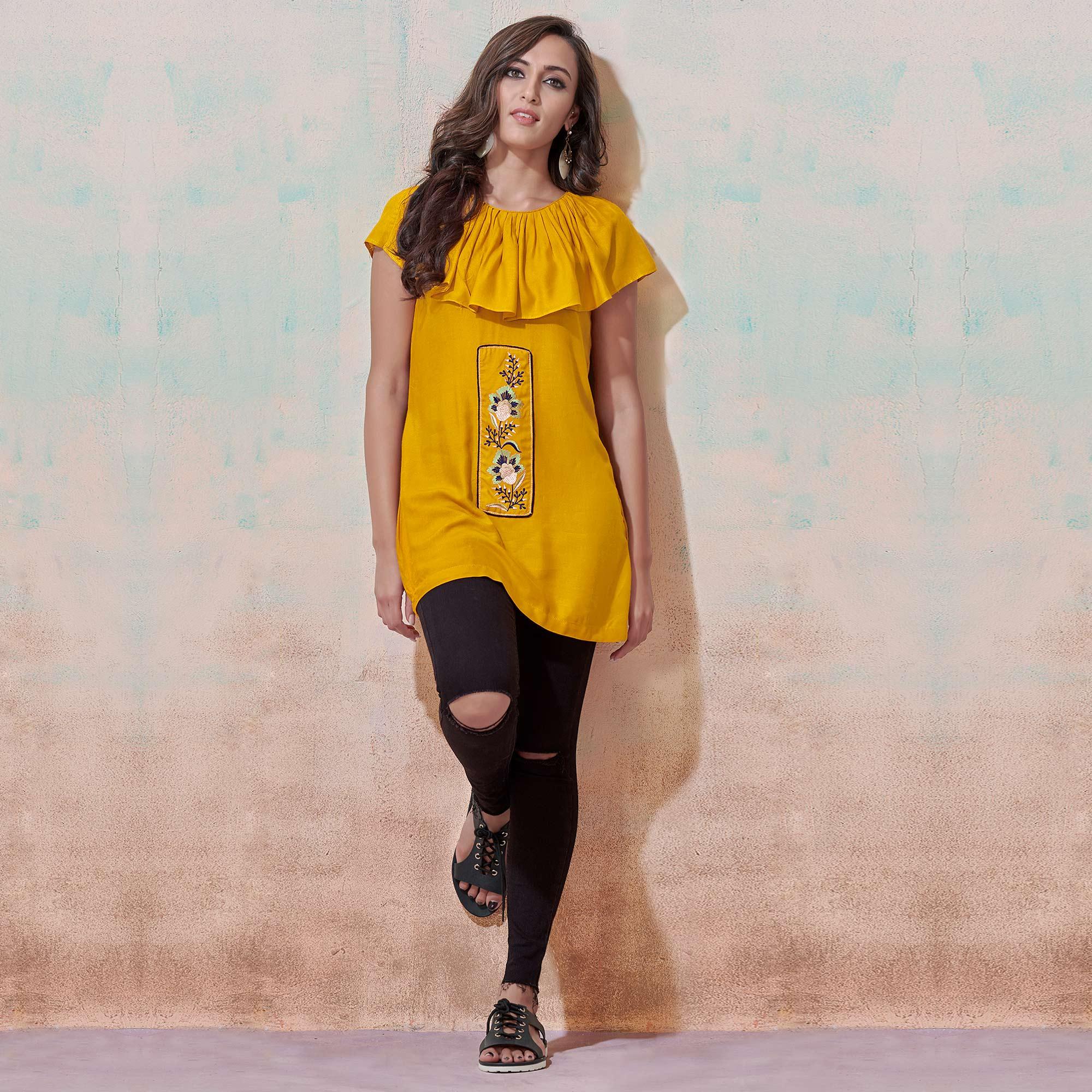 Starring Yellow Colored Partywear Embroidered Rayon Western Top - Peachmode