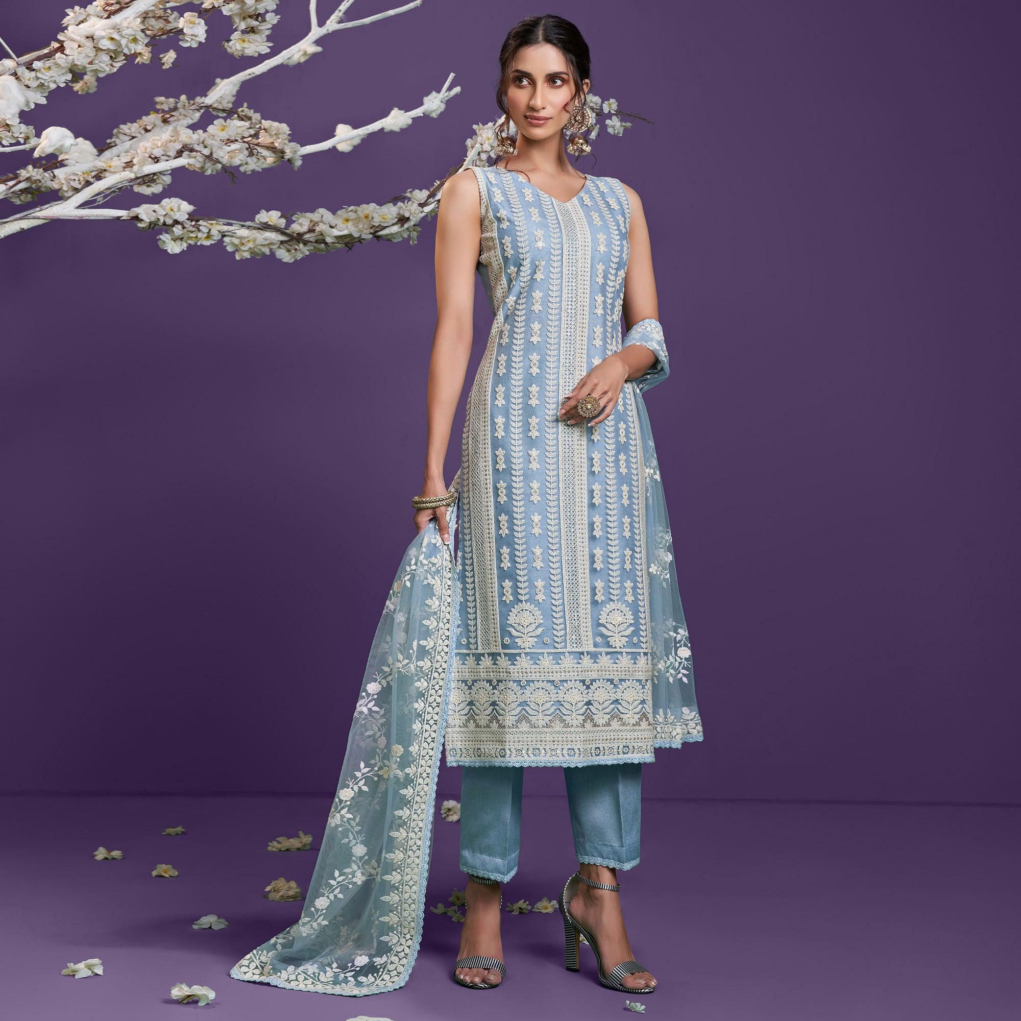 Steel Blue Cotton Thread Embroidery With Sequence Net Partywear Suit - Peachmode