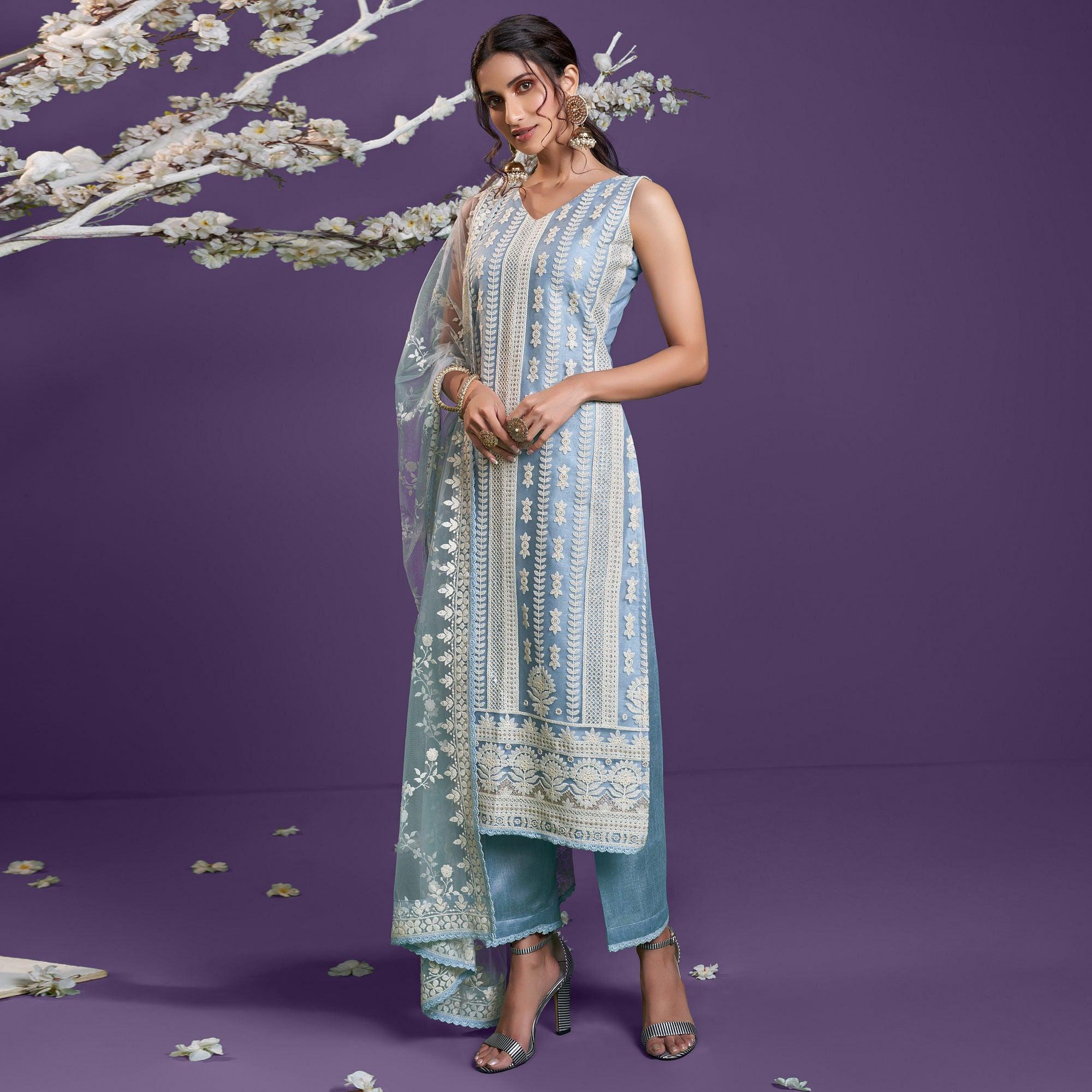 Steel Blue Cotton Thread Embroidery With Sequence Net Partywear Suit - Peachmode