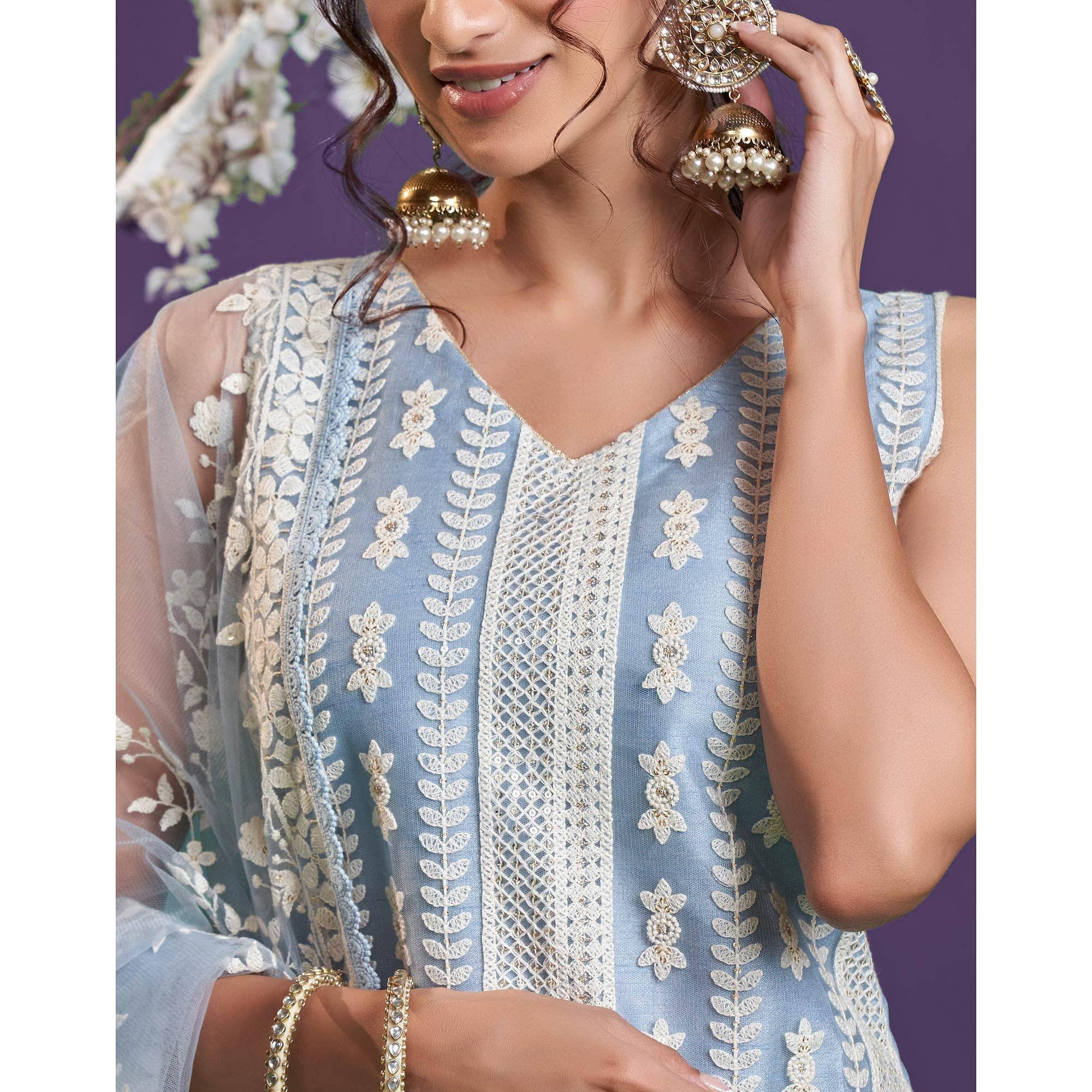 Steel Blue Cotton Thread Embroidery With Sequence Net Partywear Suit - Peachmode