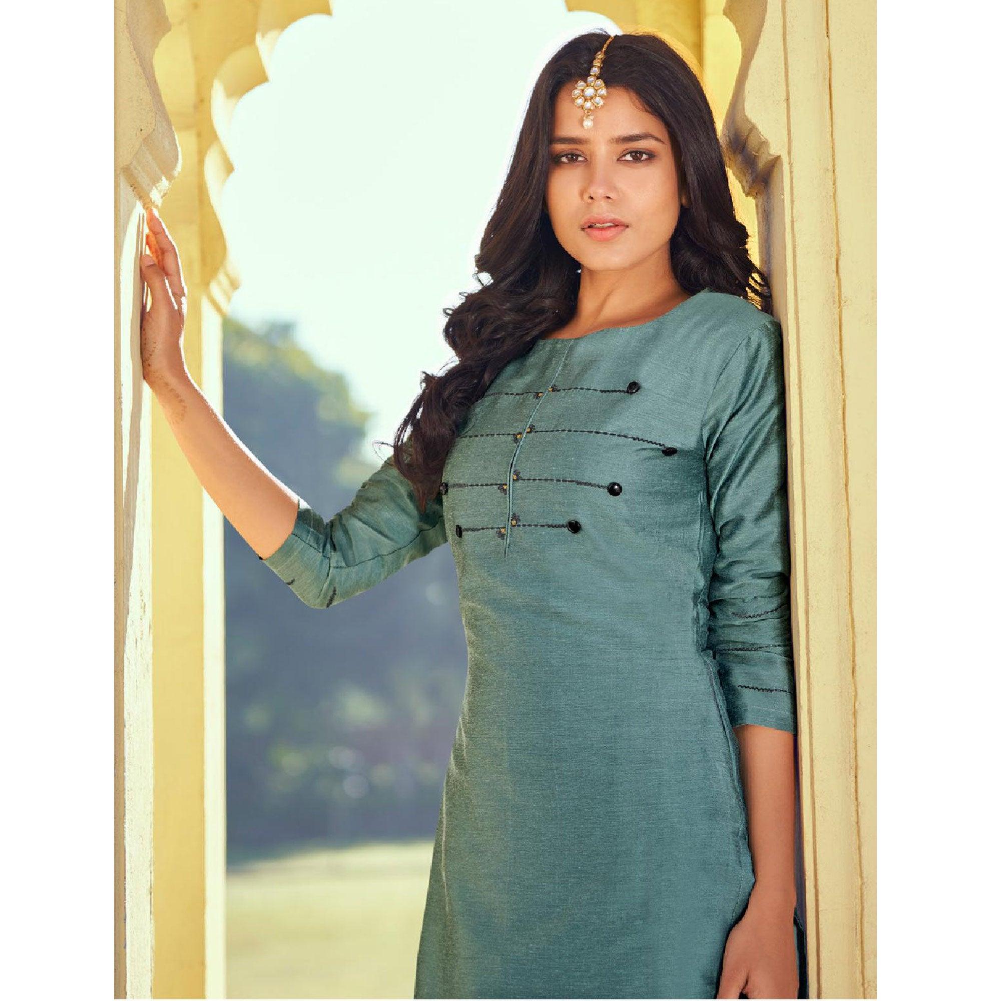 Stone Blue Embroidered Viscose Kurti Pant Set - Peachmode