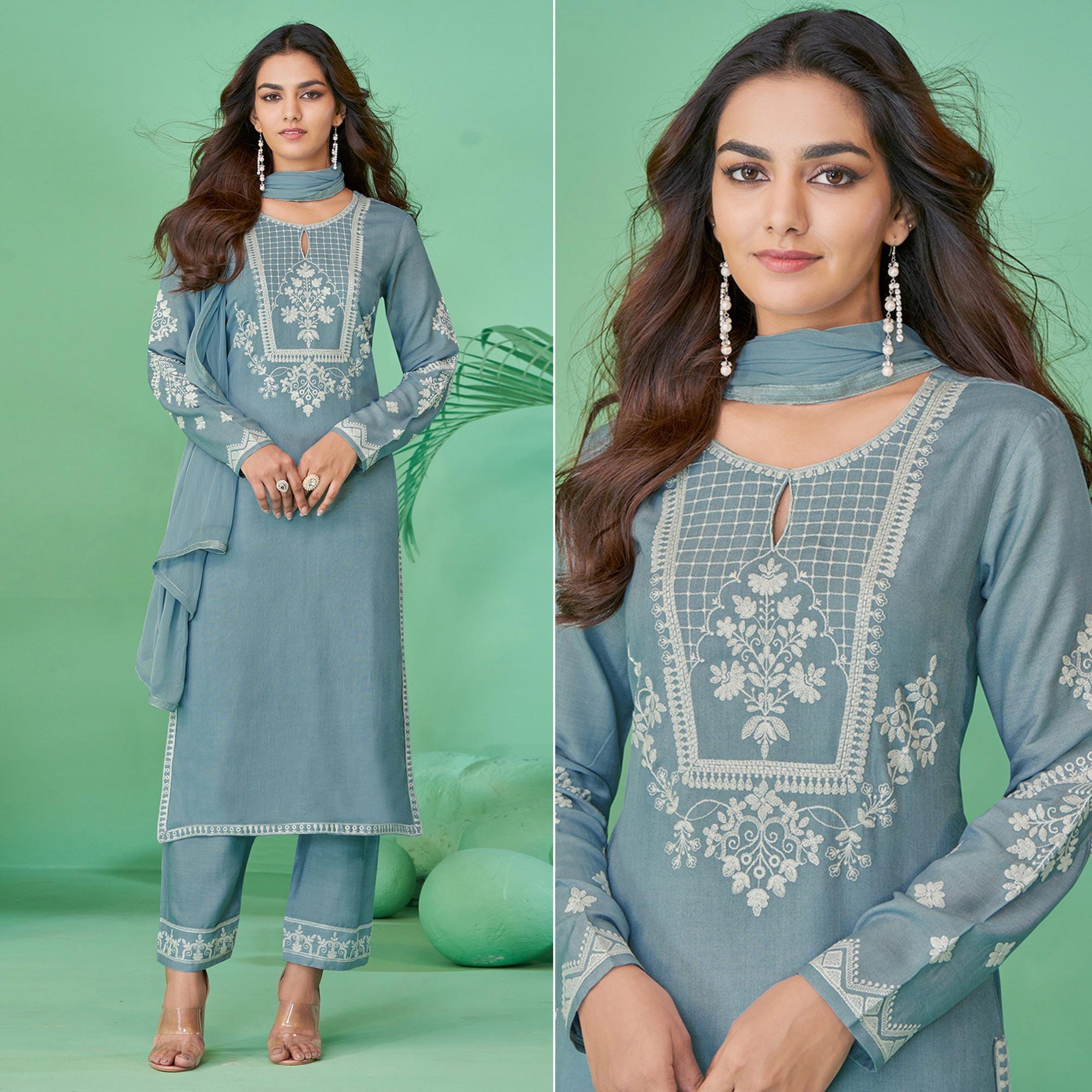 Stone Blue Lucknowi Embroidered Rayon Kurti Pant Set With Dupatta - Peachmode