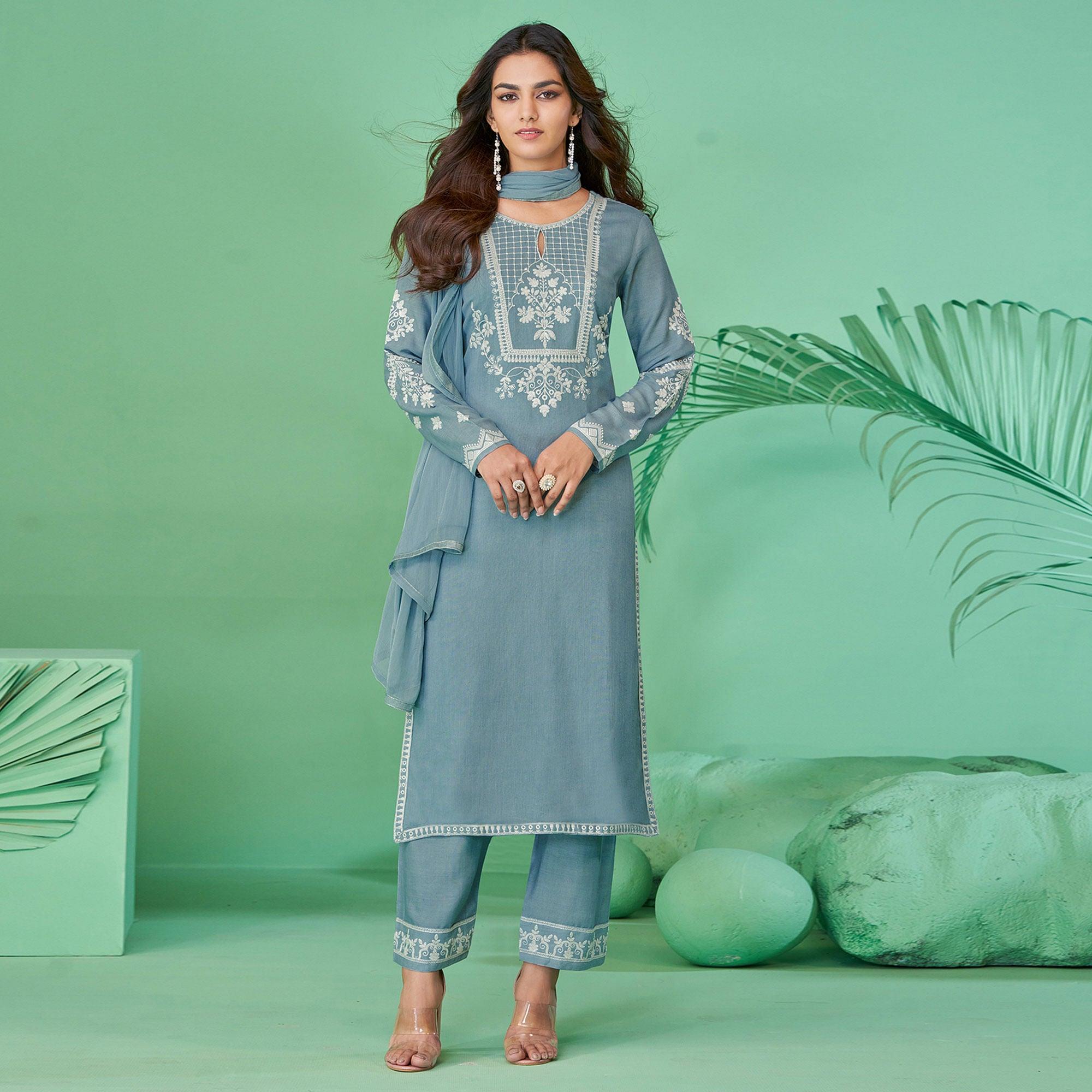 Stone Blue Lucknowi Embroidered Rayon Kurti Pant Set With Dupatta - Peachmode