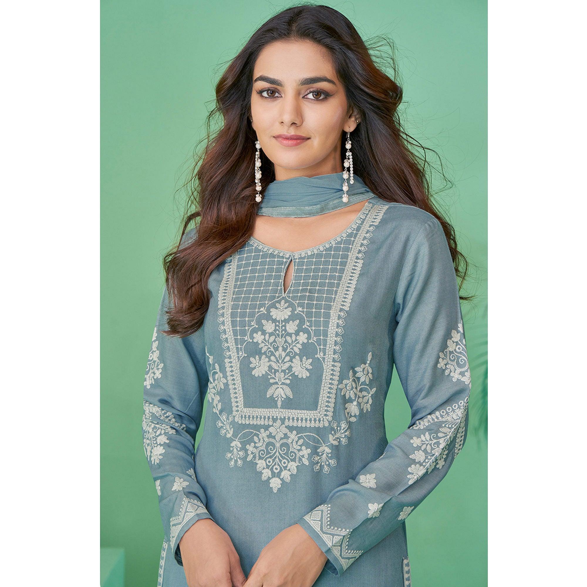 Stone Blue Lucknowi Embroidered Rayon Kurti Pant Set With Dupatta - Peachmode