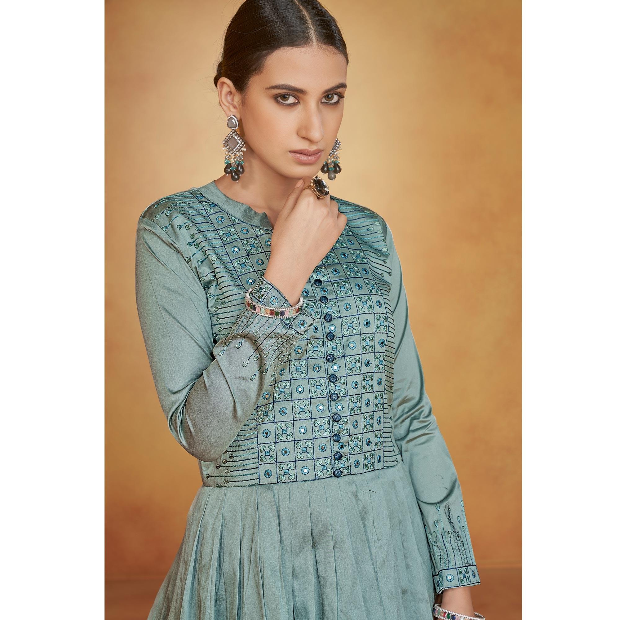Stone Blue Party Wear Embroidered Tapetta Gown - Peachmode