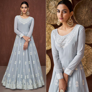 Stone Blue Party Wear Heavy Embroidered Georgette Gown - Peachmode
