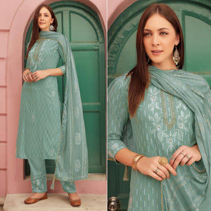 Stone Green Embroidery With Printed Pure Cotton Kurti Pant Set - Peachmode