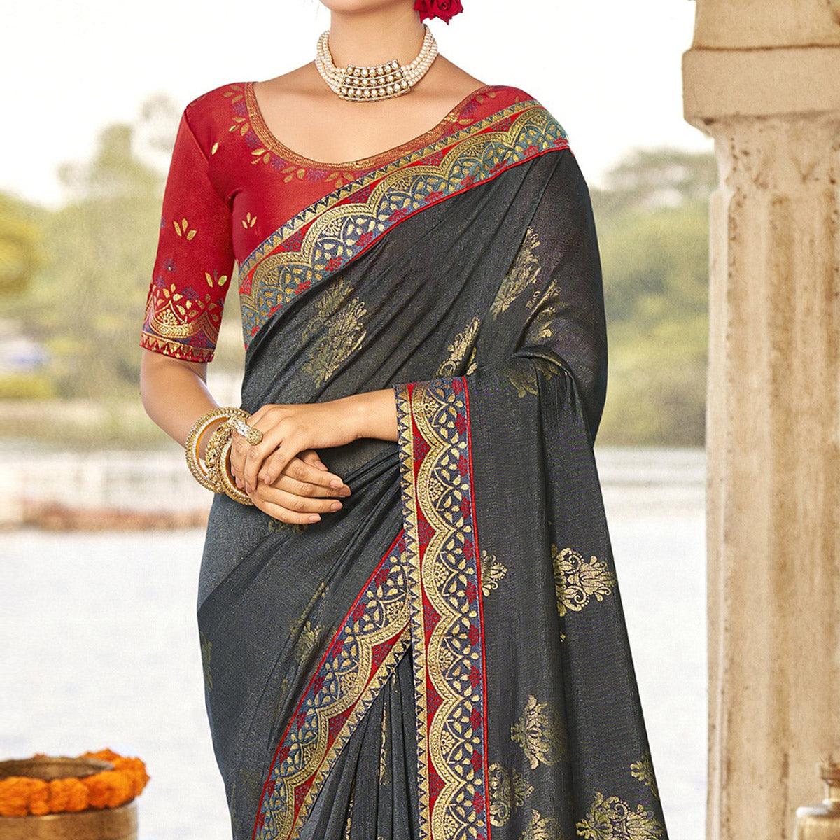 Stone Grey Festive Wear Jari Work Silk Saree - Peachmode