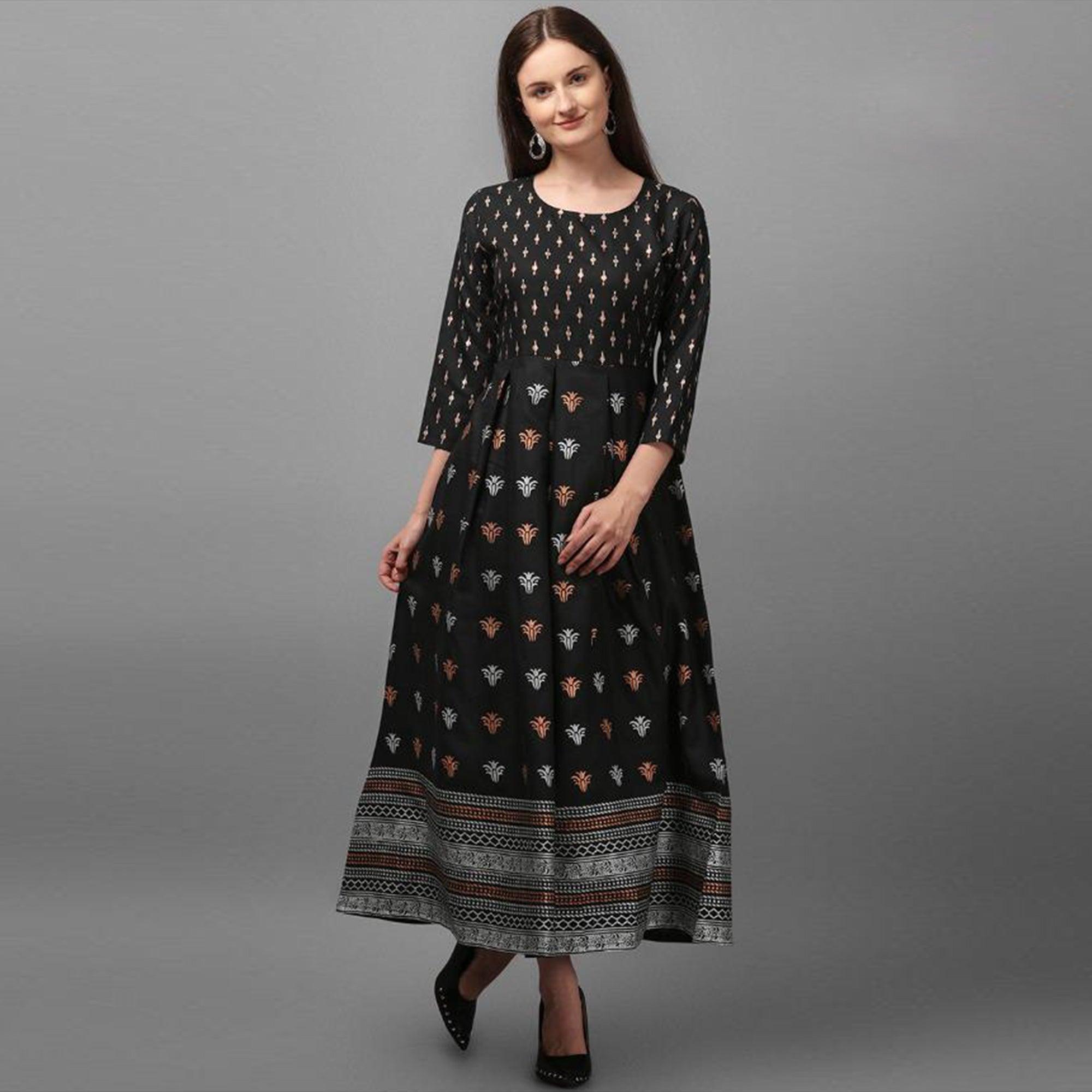 Stunning Black Coloured Casual Wear Printed Rayon Malai Kurti - Peachmode