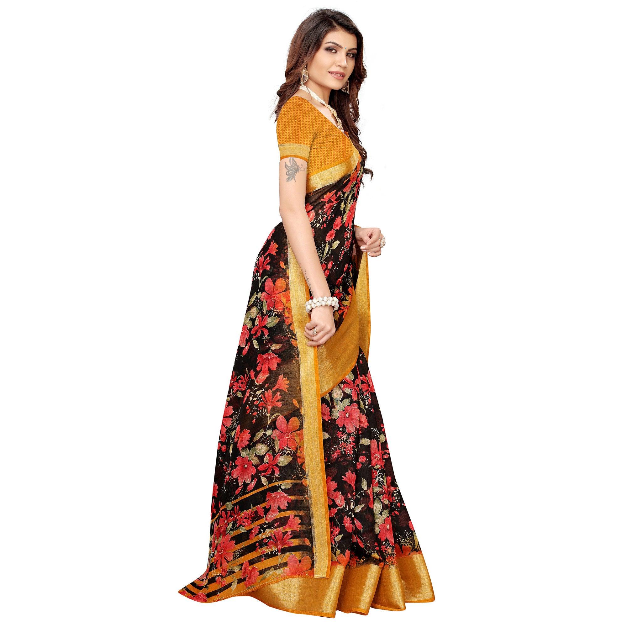Stunning Black Festive Wear Floral Printed Semi Linen Jari Border Printed Saree - Peachmode