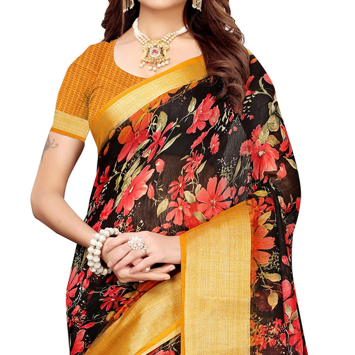 Stunning Black Festive Wear Floral Printed Semi Linen Jari Border Printed Saree - Peachmode
