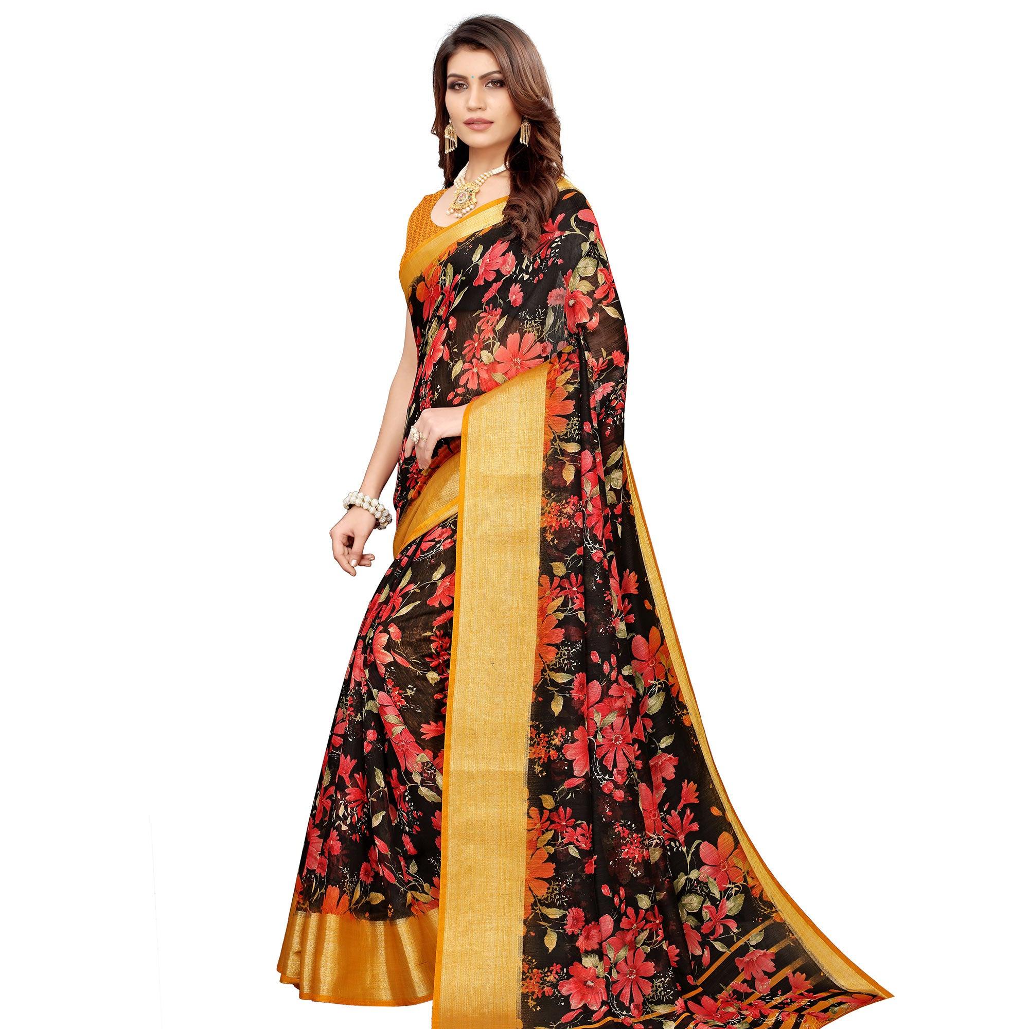 Stunning Black Festive Wear Floral Printed Semi Linen Jari Border Printed Saree - Peachmode