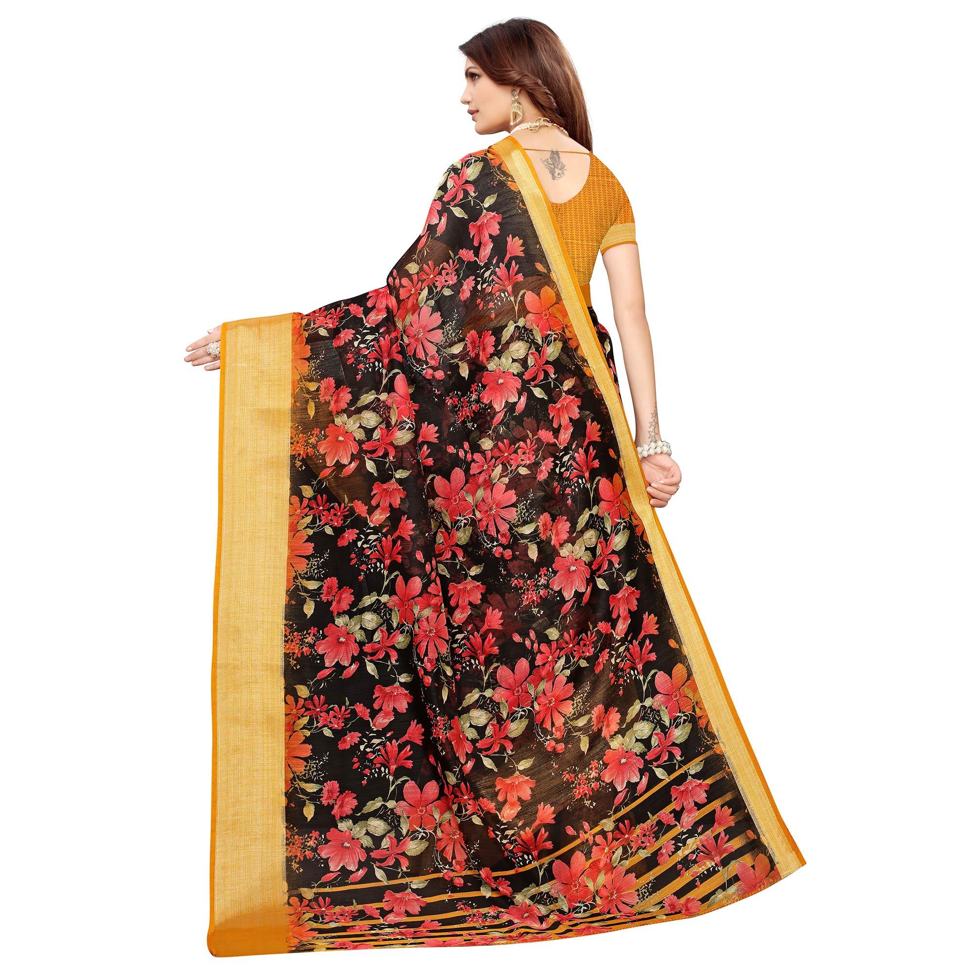 Stunning Black Festive Wear Floral Printed Semi Linen Jari Border Printed Saree - Peachmode